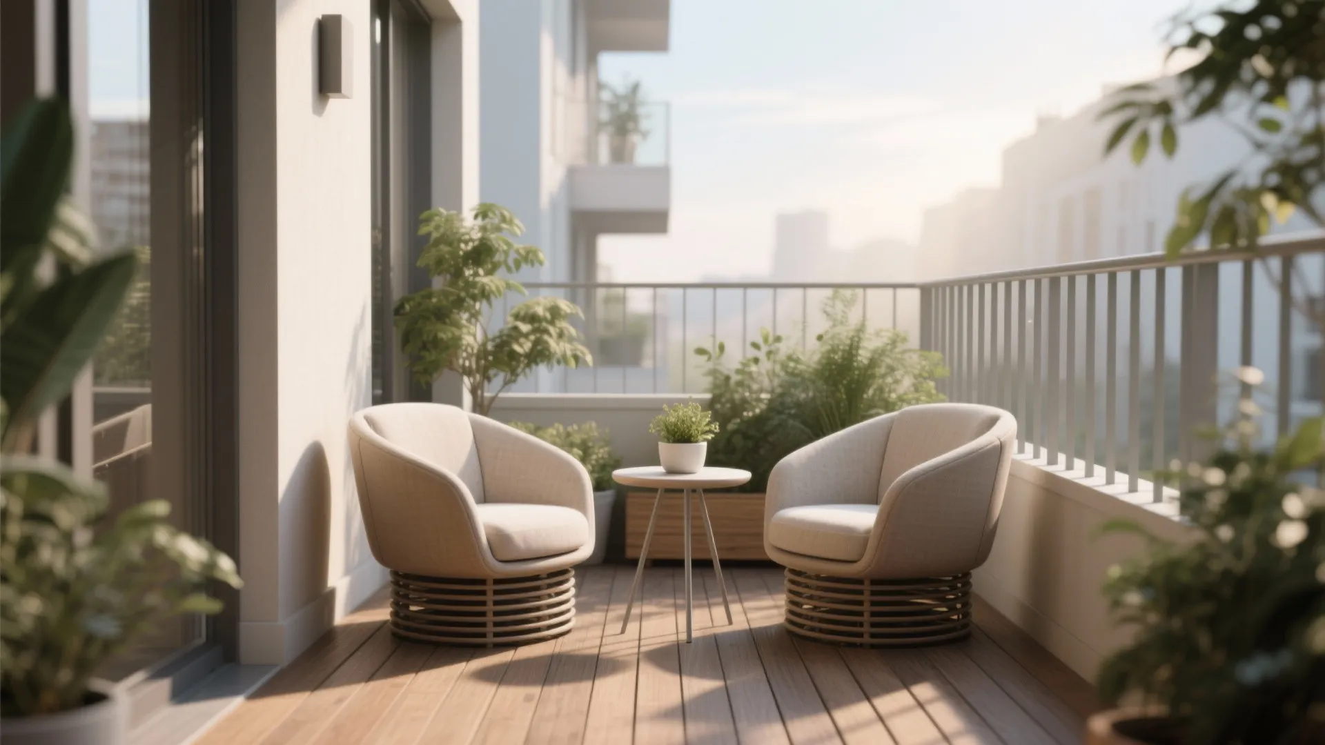 Two compact swivel barrel chairs creating a conversation corner on a narrow balcony