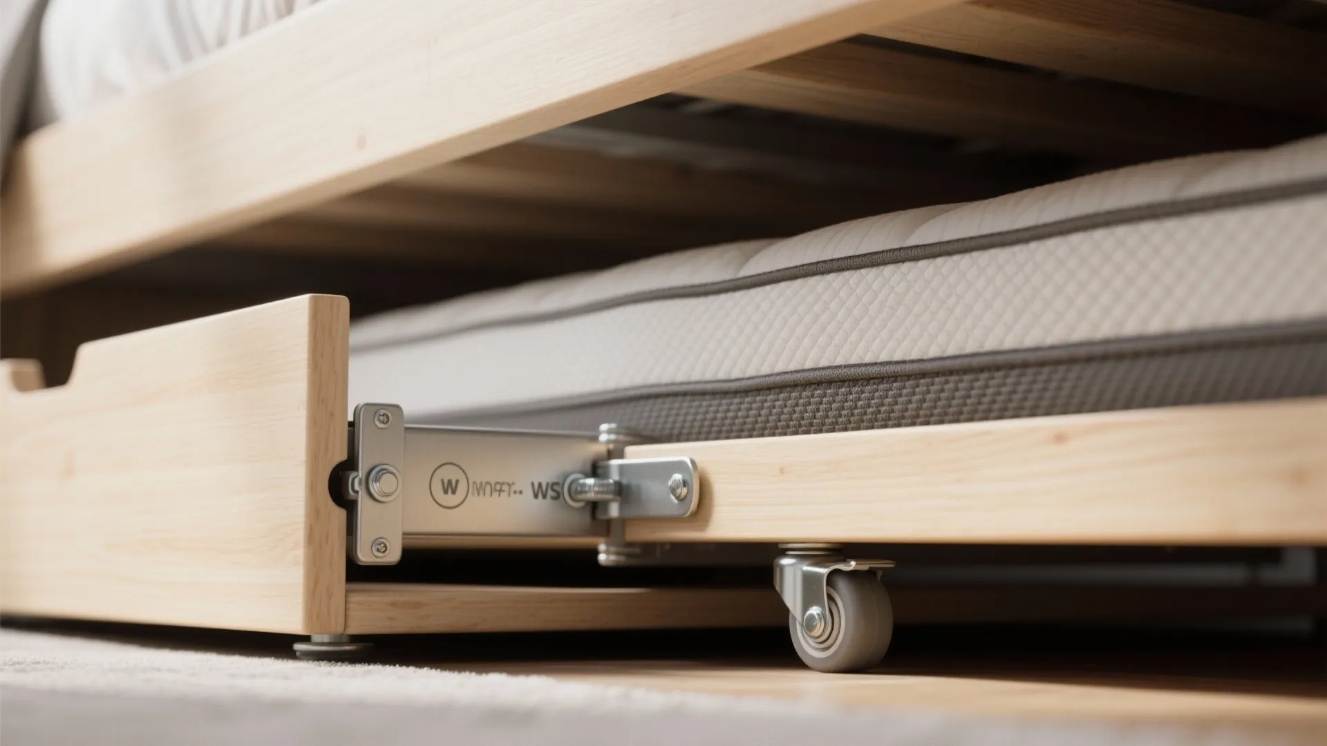 Close up of wooden bed frame with wheels and metal parts for pulling out extra mattress