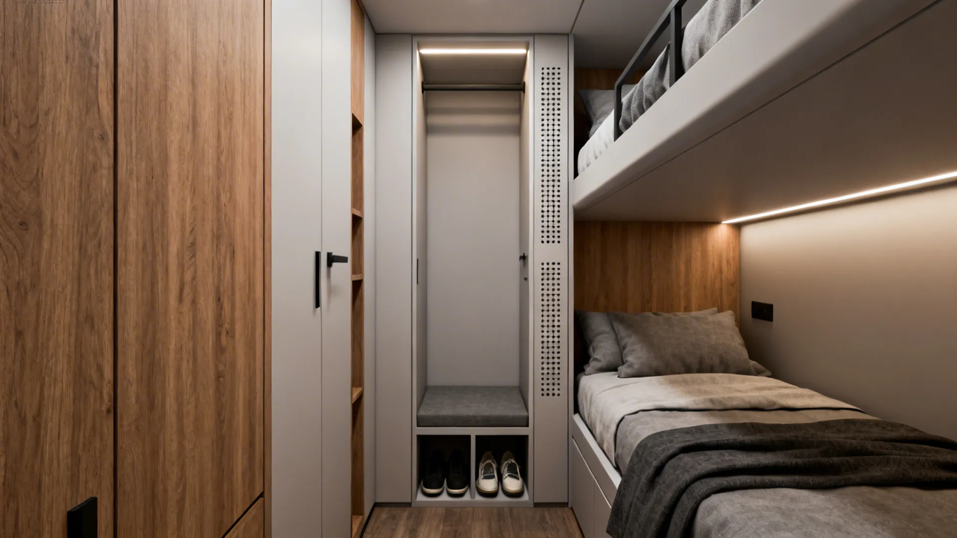 Twin-over-storage bunk bed with slim built-in wardrobe and shoe cubbies underneath.