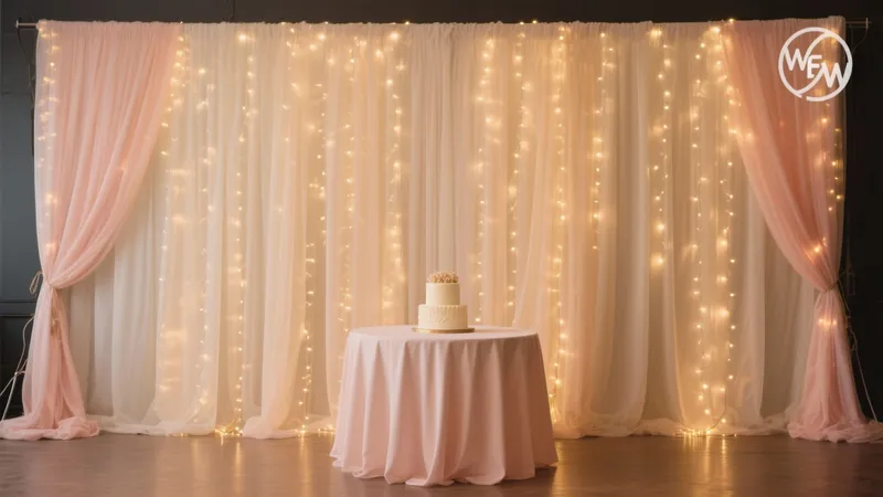 Romantic Wedding Cake Table Backdrop with Fairy Lights