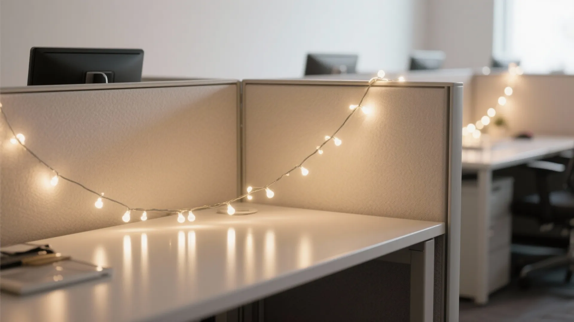 Office cubicle desk decorated with glowing string lights creating a cozy and festive workspace environment