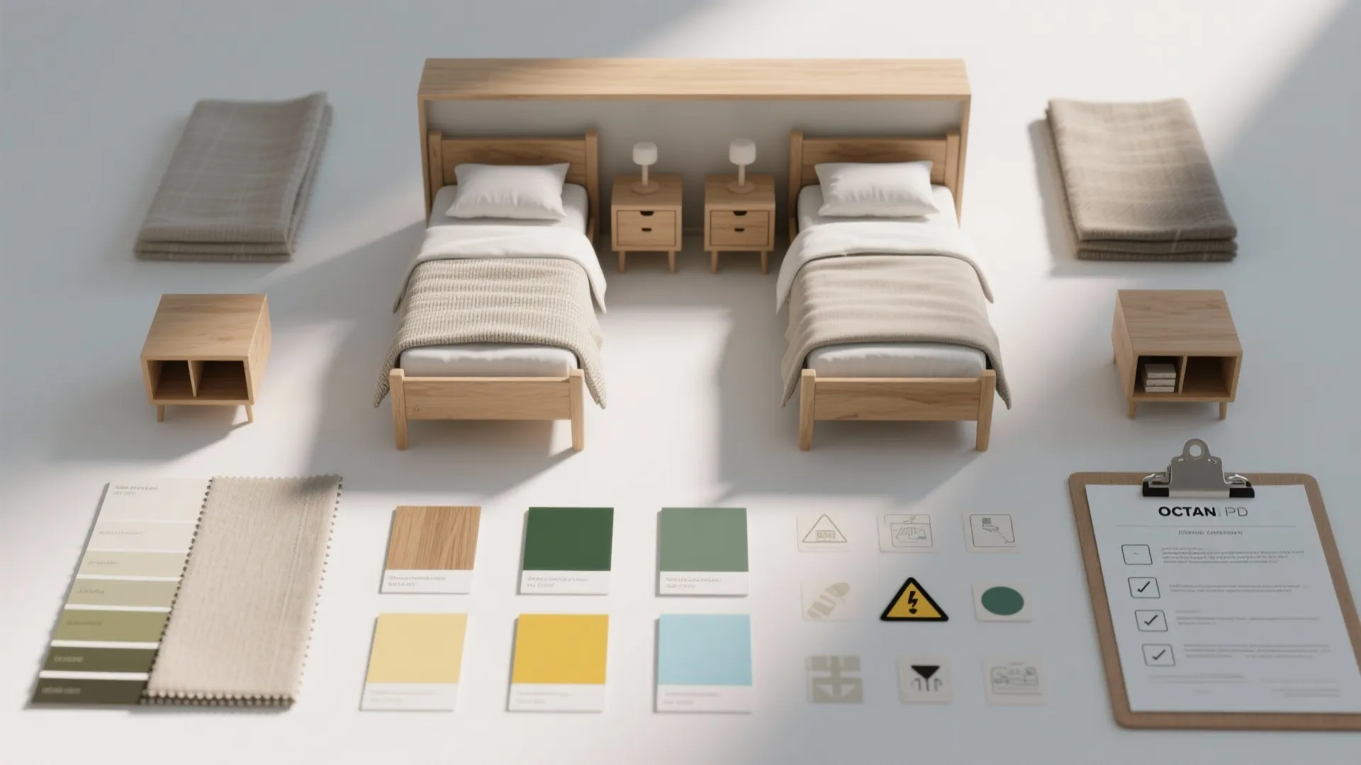 Interior design drawing with two small wooden beds color swatches fabric samples and a checklist