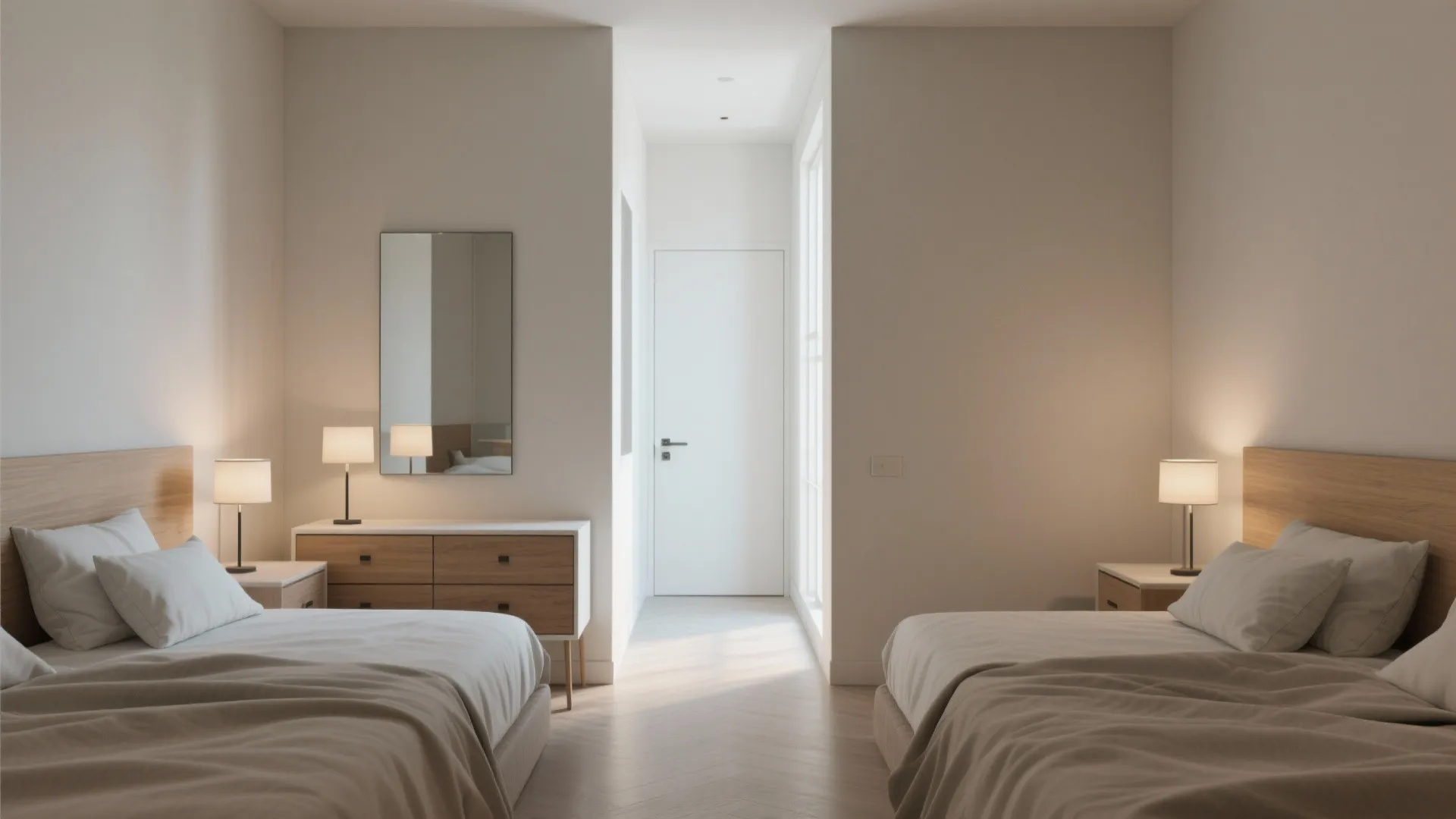 4. Twin beds opposite walls with shared storage at the center