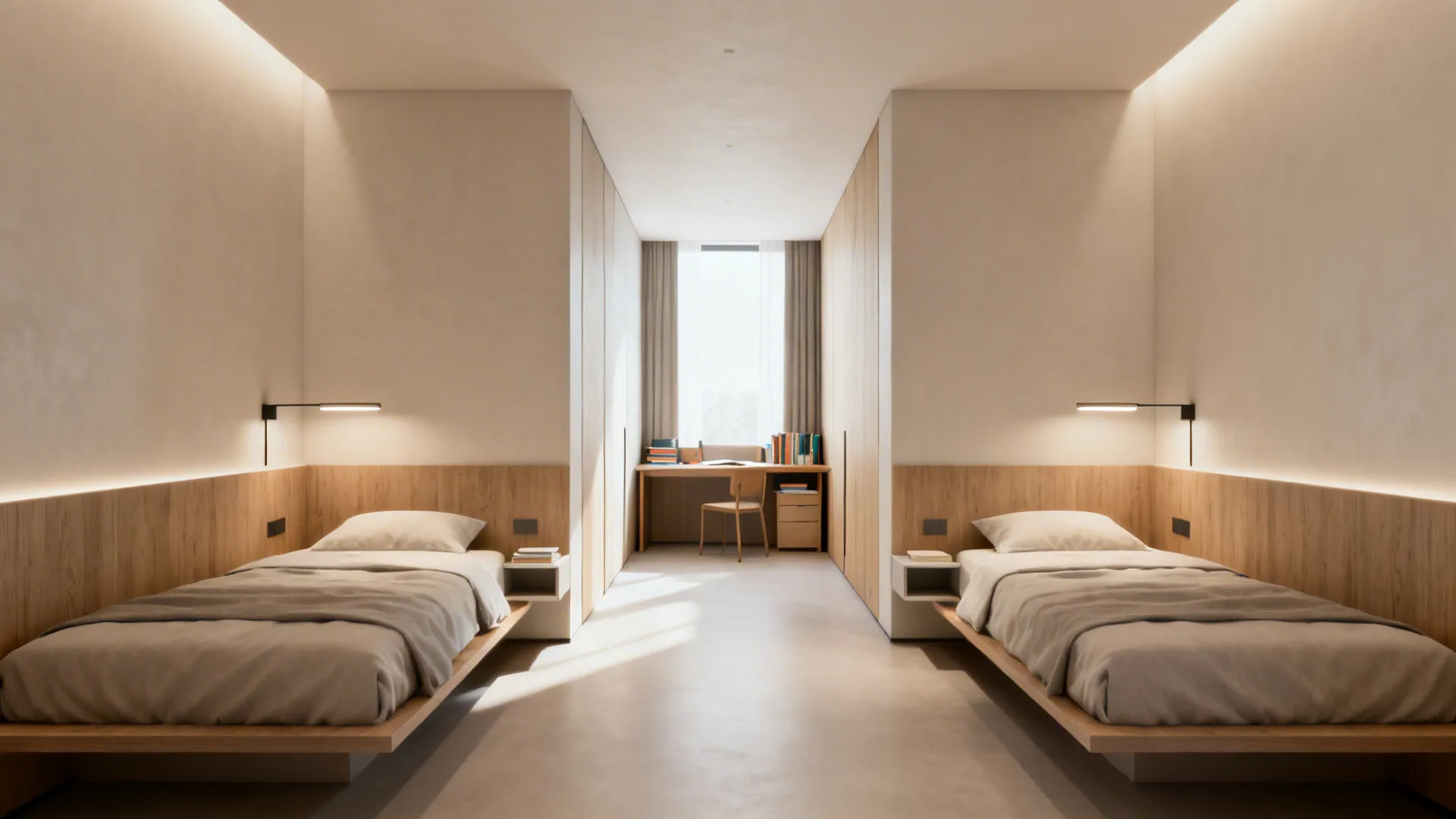 Modern bedroom featuring two single beds on opposite walls and a desk near the window