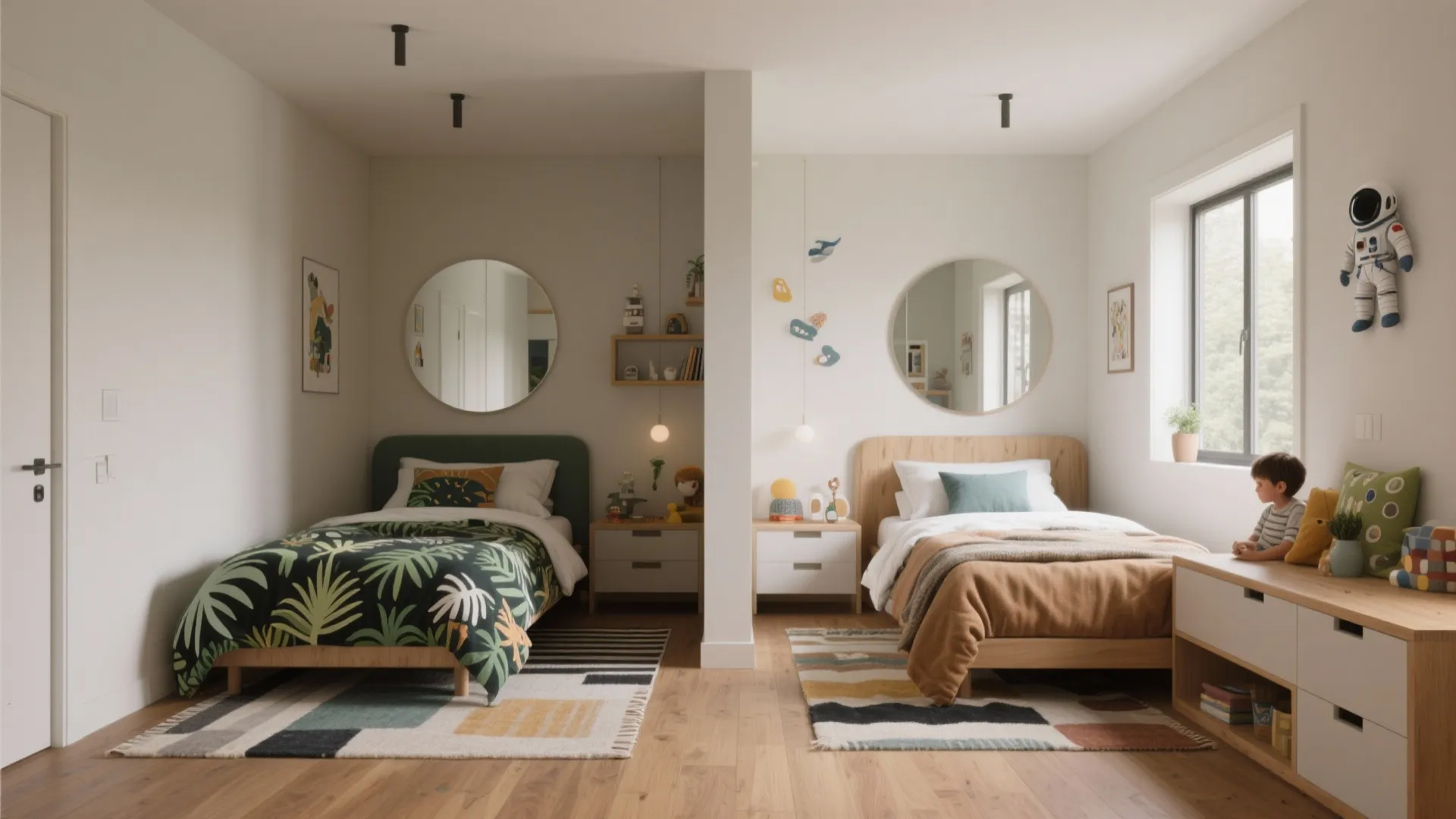 Shared bedroom with two single beds separated by a wall panel and two round mirrors