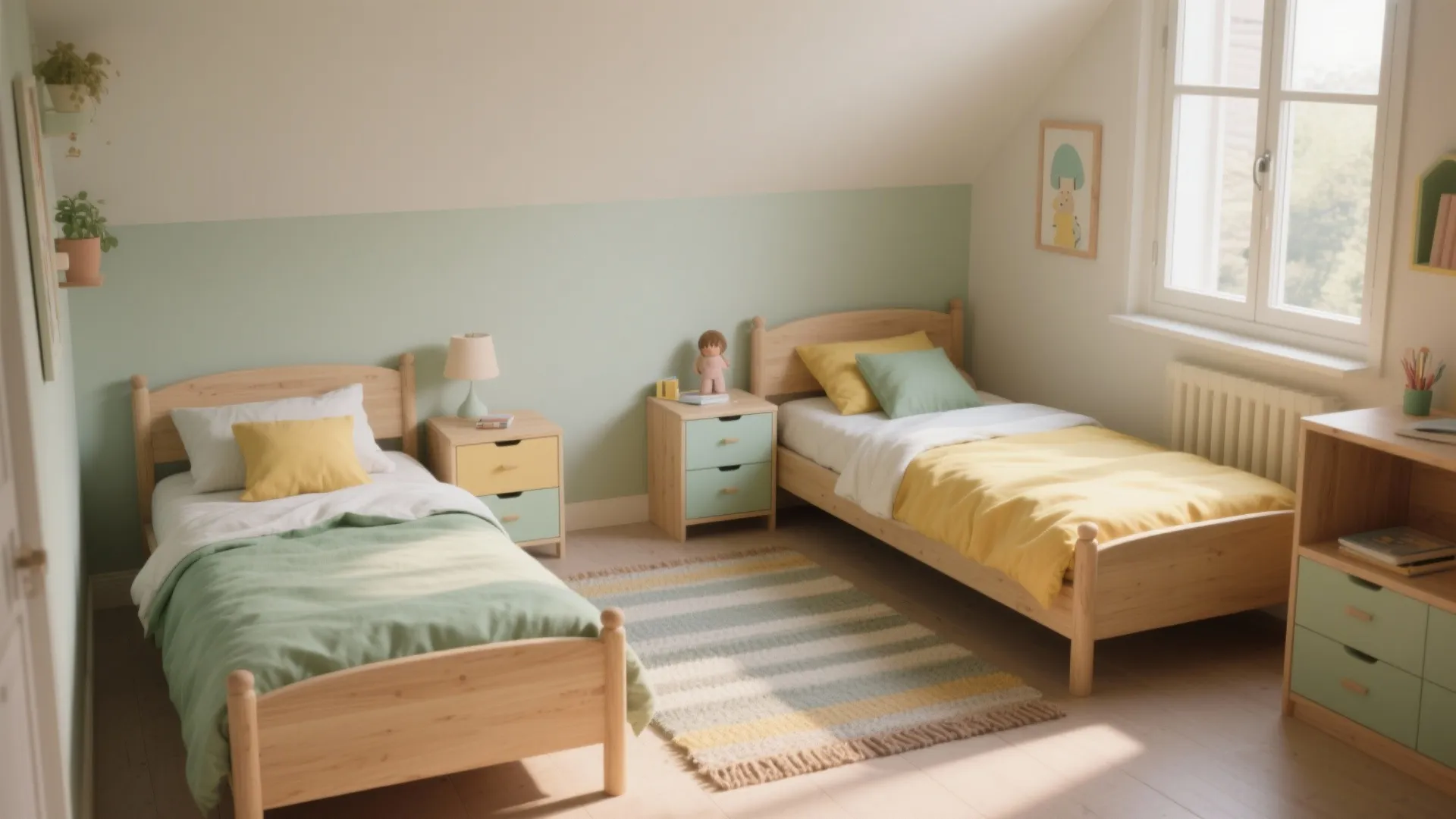 Small bedroom interior design with two wooden beds green walls colorful cabinets and a striped rug