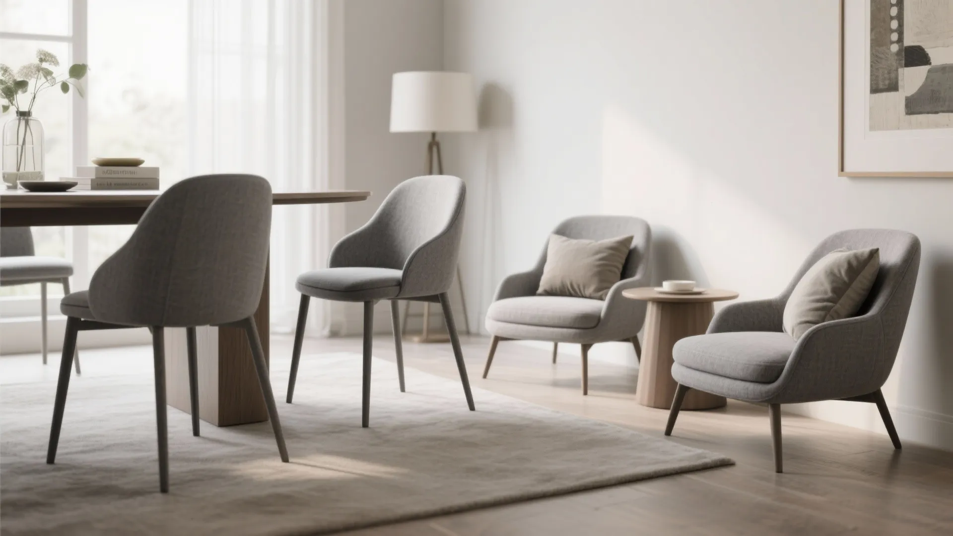 Bright minimalist dining room with grey chairs wooden table small side table and natural light