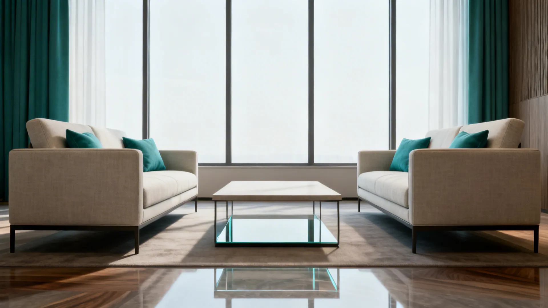 Two narrow armless sofas facing each other in a narrow living room creating open sightlines and conversation space.