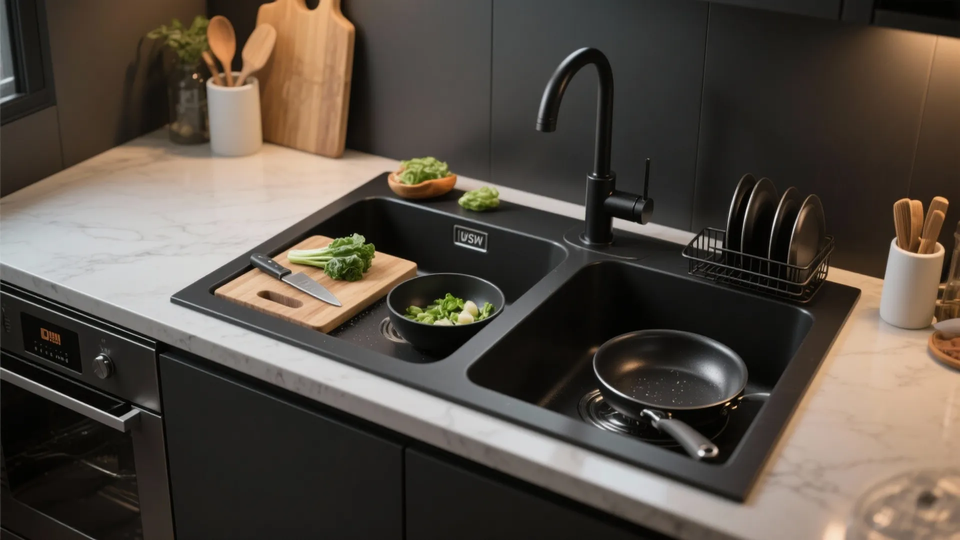 Modern double bowl black kitchen sink with cutting board frying pan and black water tap