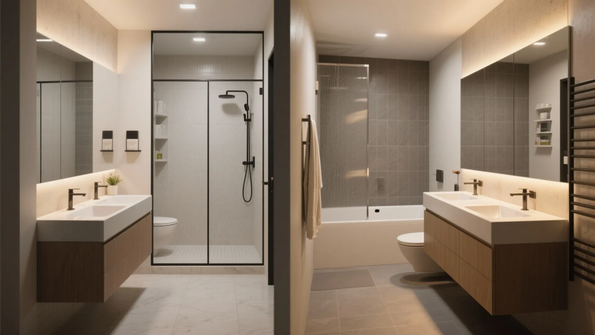 Two bathrooms in a compact home: a compact ensuite and a secondary bathroom with shower-over-tub and durable finishes