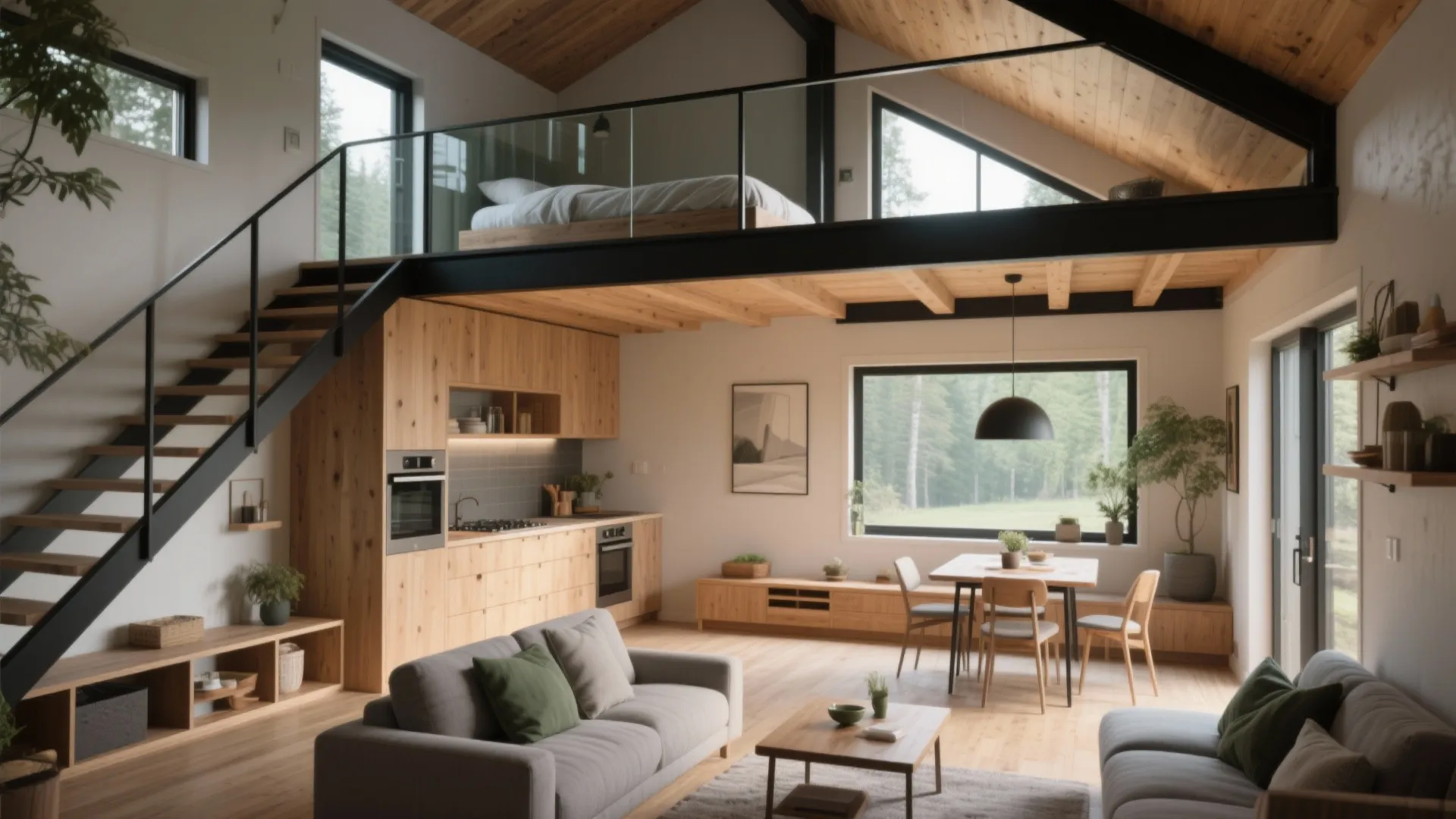 Modern open plan cabin interior featuring wooden kitchen cabinets grey sofa and a loft bedroom