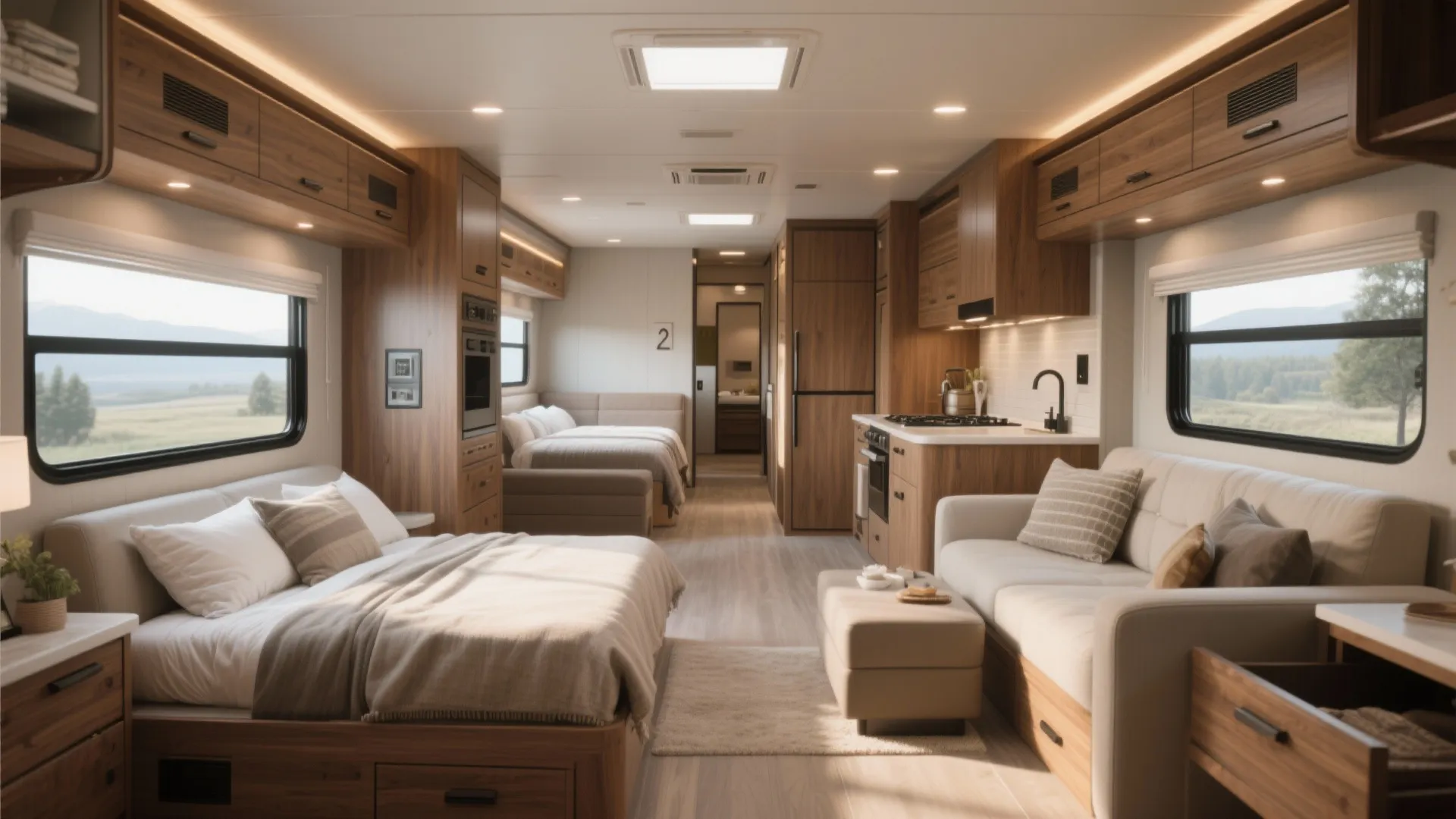 Modern caravan interior design with two beds wooden kitchen cabinets white sofa and ceiling lights
