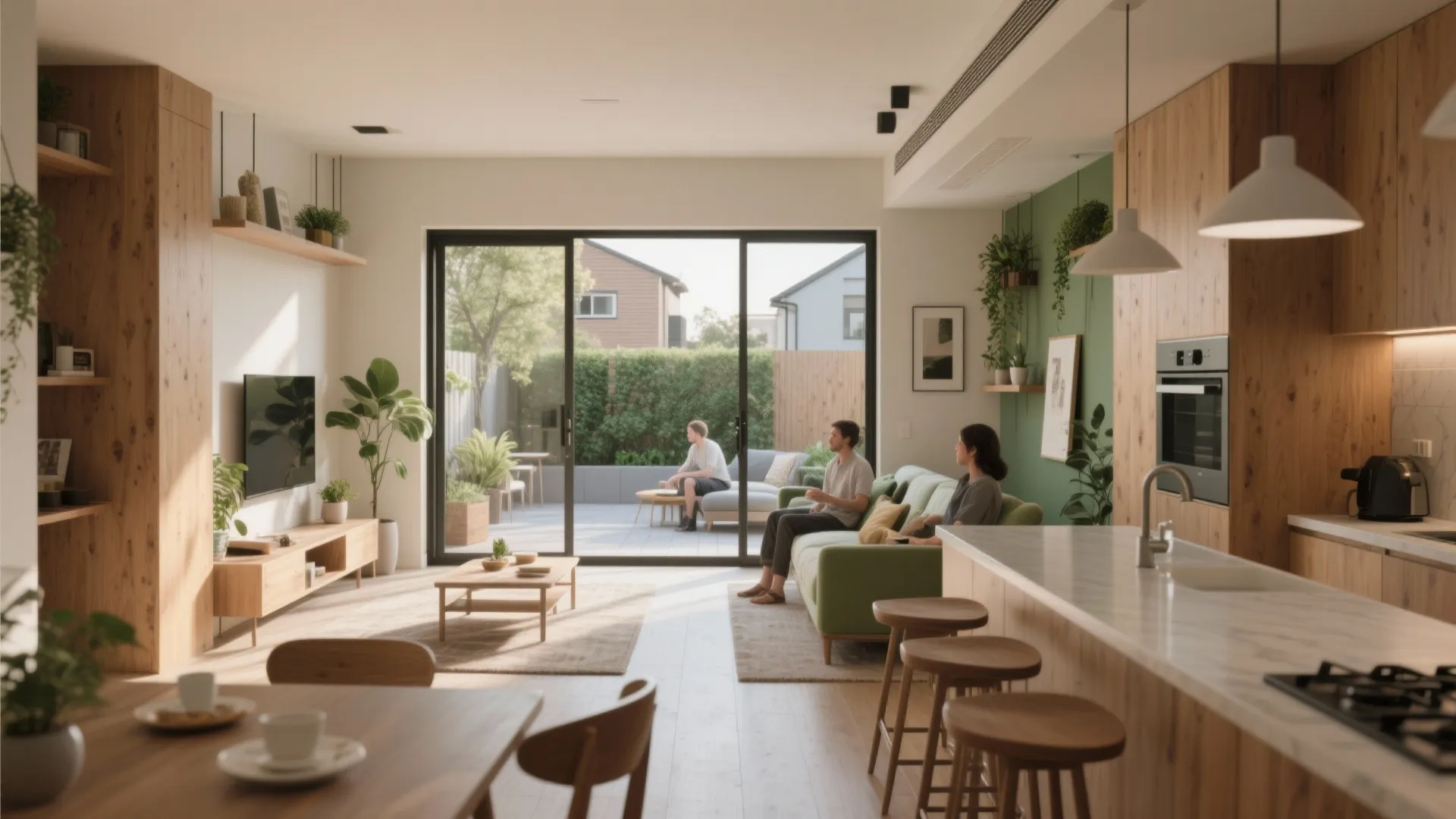 Modern open plan living room with green sofa wooden cabinets and glass doors to garden