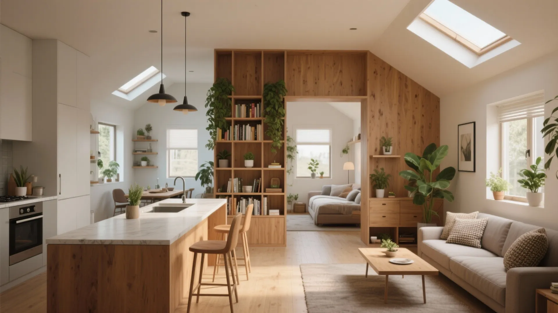 Modern open-plan kitchen and living room with wooden cabinets, island, roof windows, and green plants