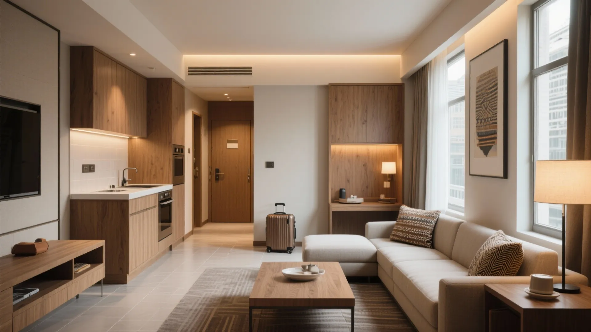 Modern apartment interior design with wooden kitchen cabinets grey sofa wooden table and natural light