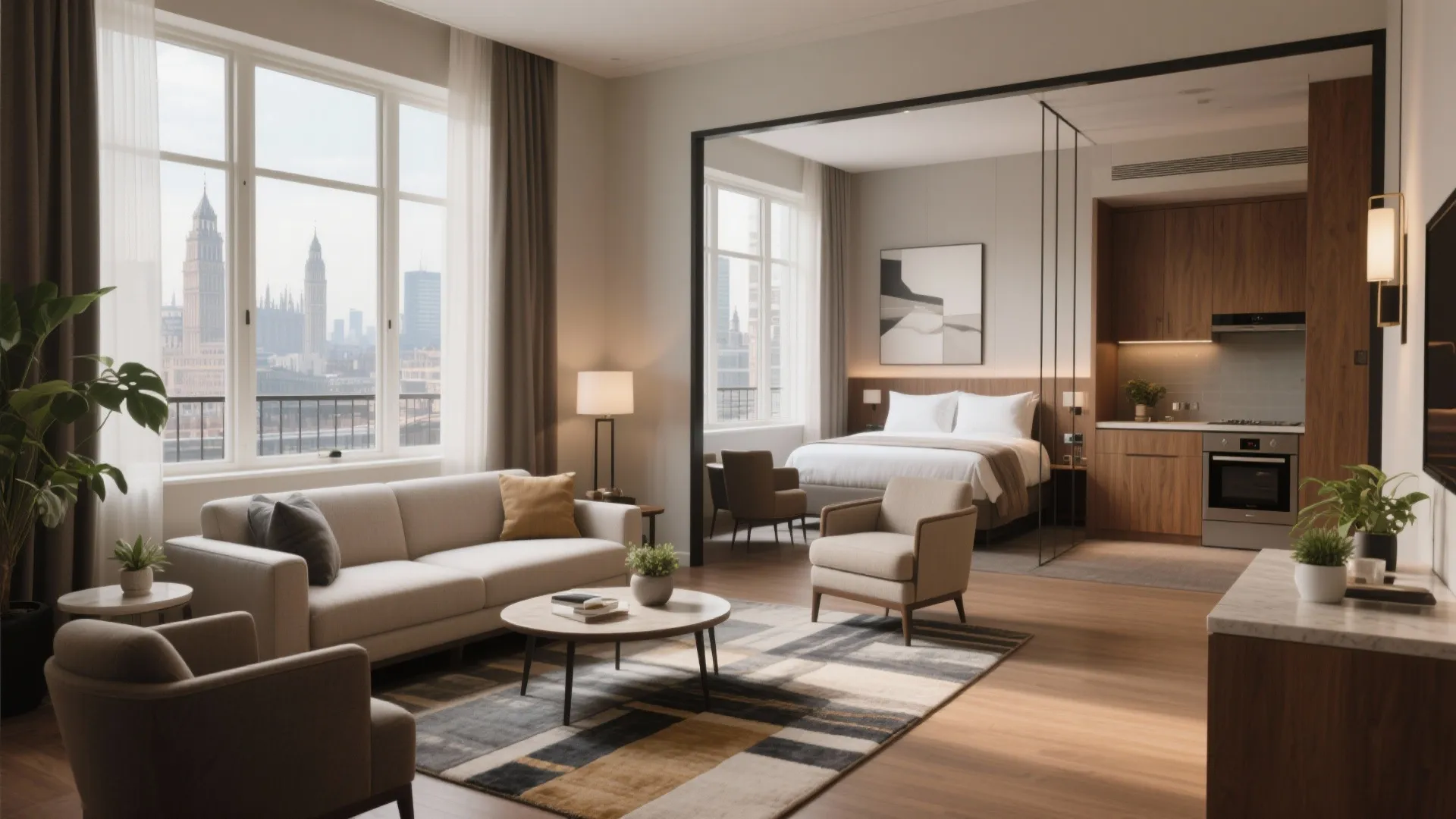 Modern open plan hotel suite with sofa wooden floors kitchen area and bedroom with view