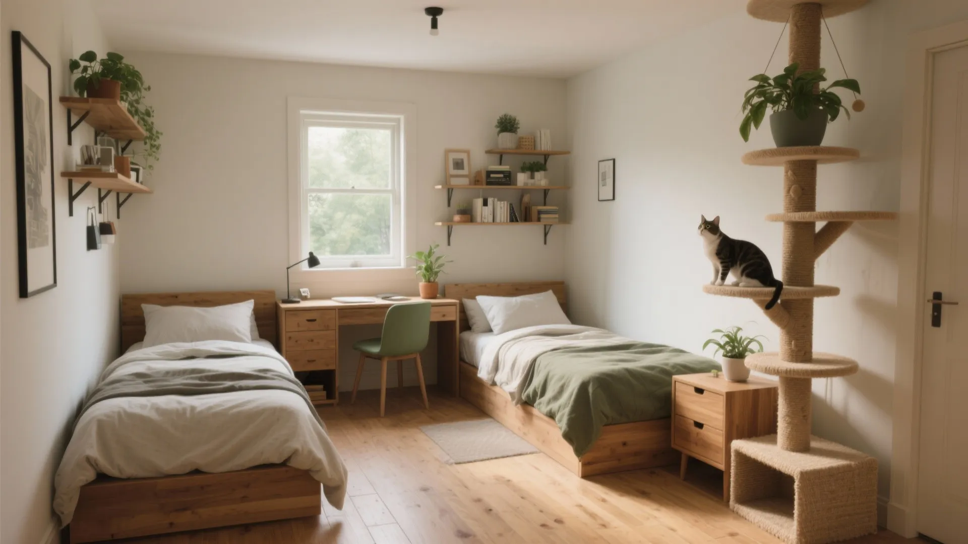 Bright bedroom with two wooden beds, green desk chair, wall shelves, and tall cat tree