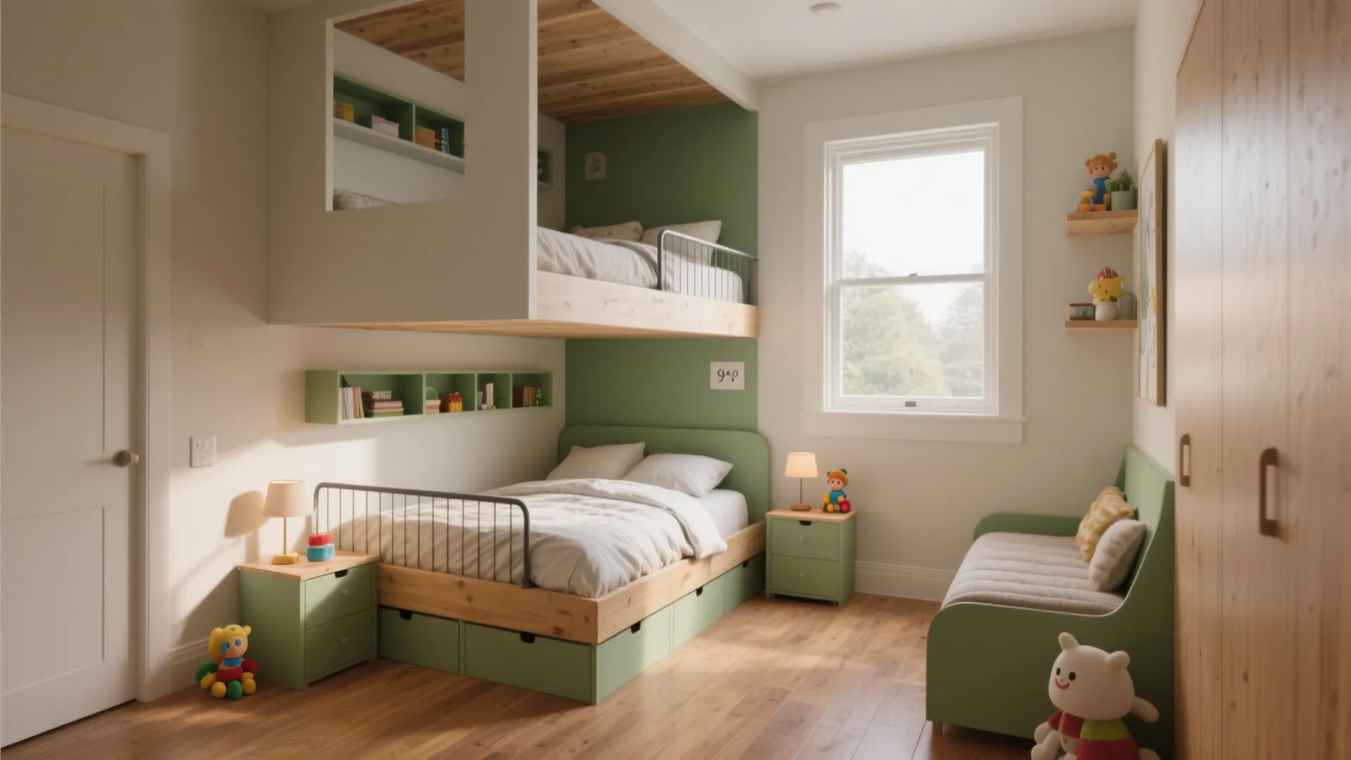 Modern children bedroom with green bunk bed wooden floor small side table and natural light