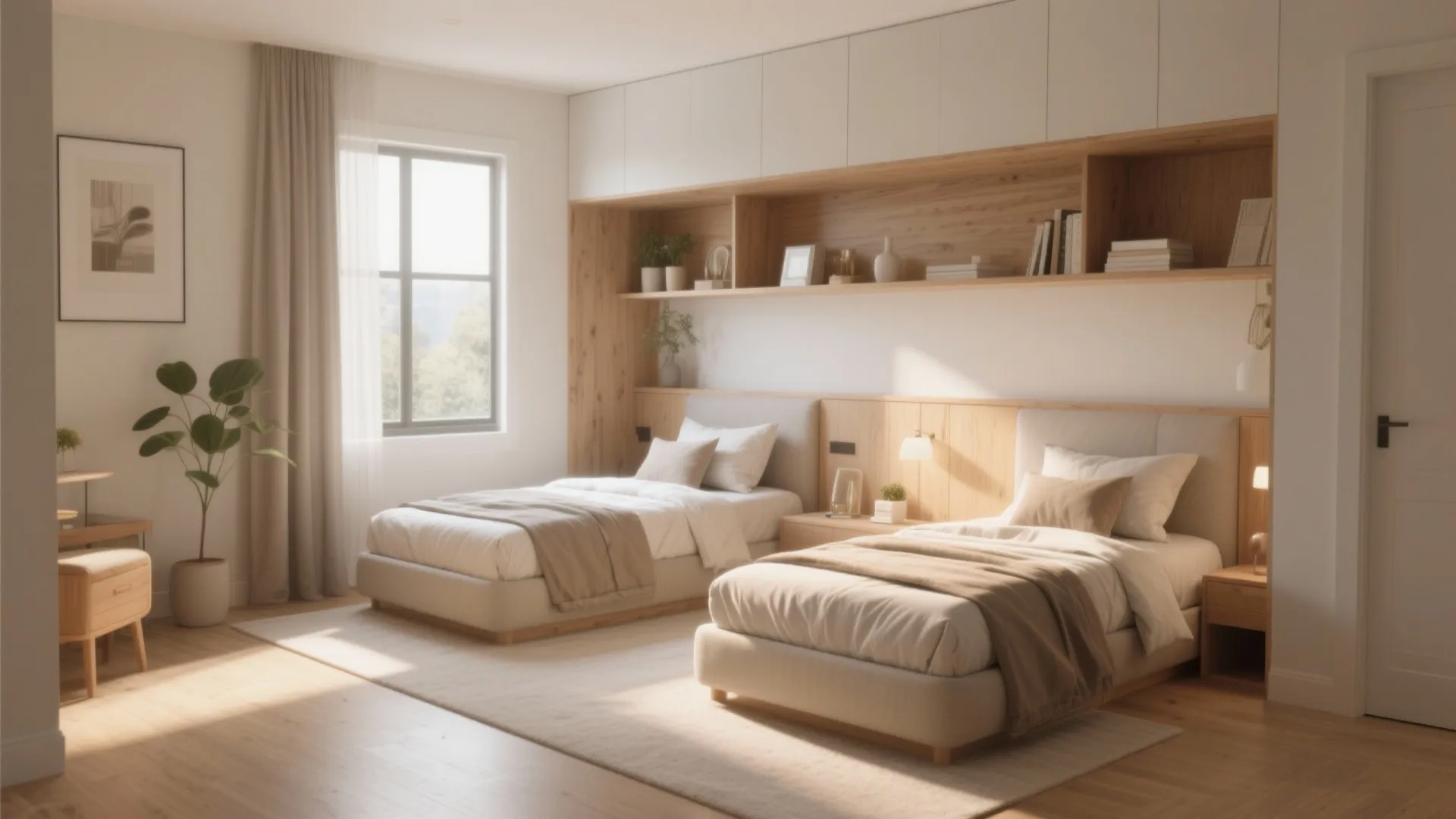 Modern shared bedroom with two single beds wooden wall panel shelving and a large window view