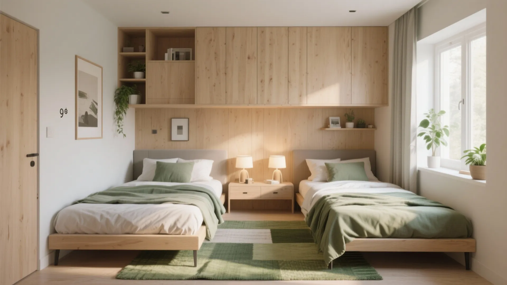 Small bedroom with two twin beds wooden cabinets green rug and natural light from window