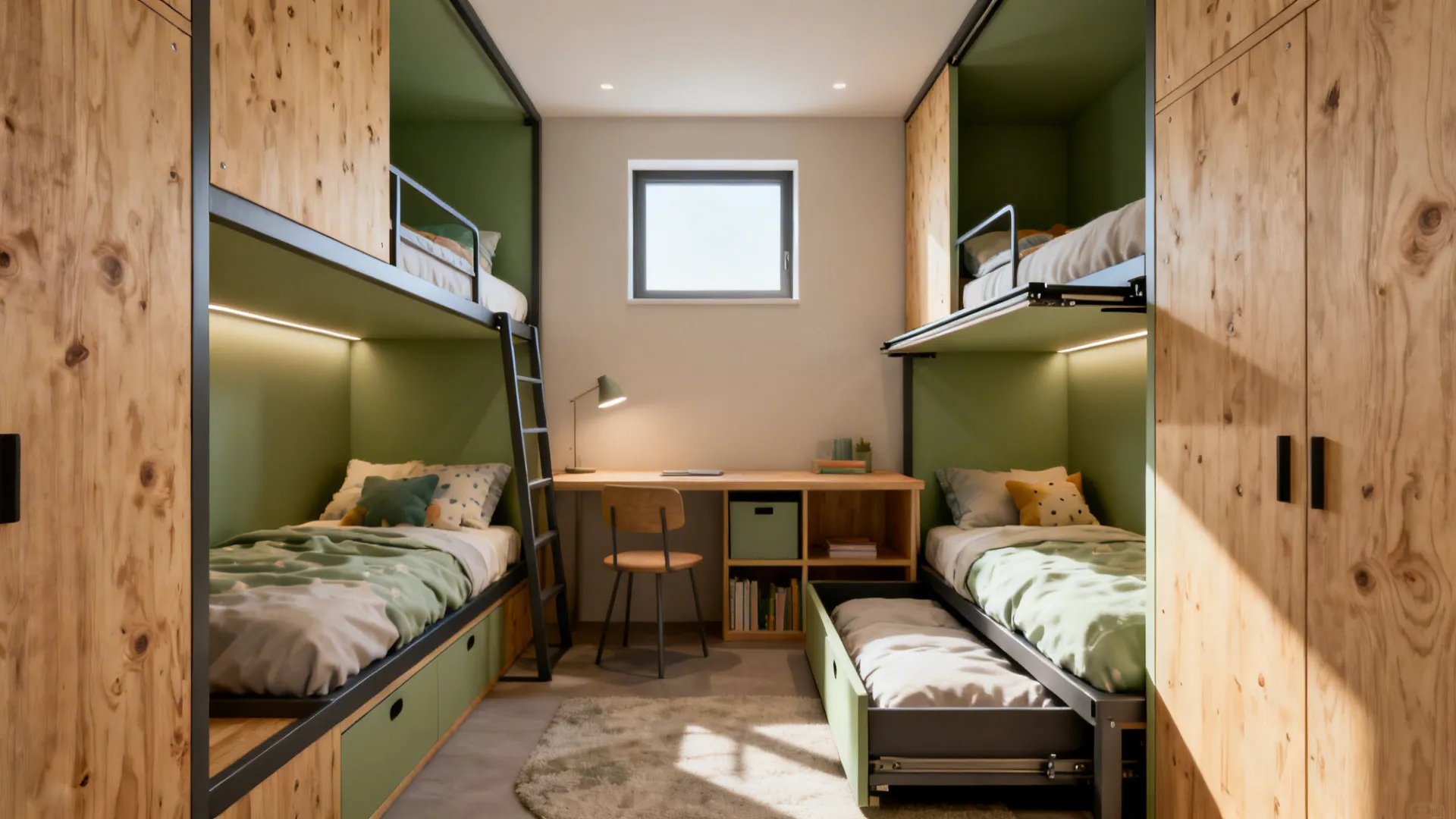 Compact room featuring two wooden bunk beds with a study desk and a central window