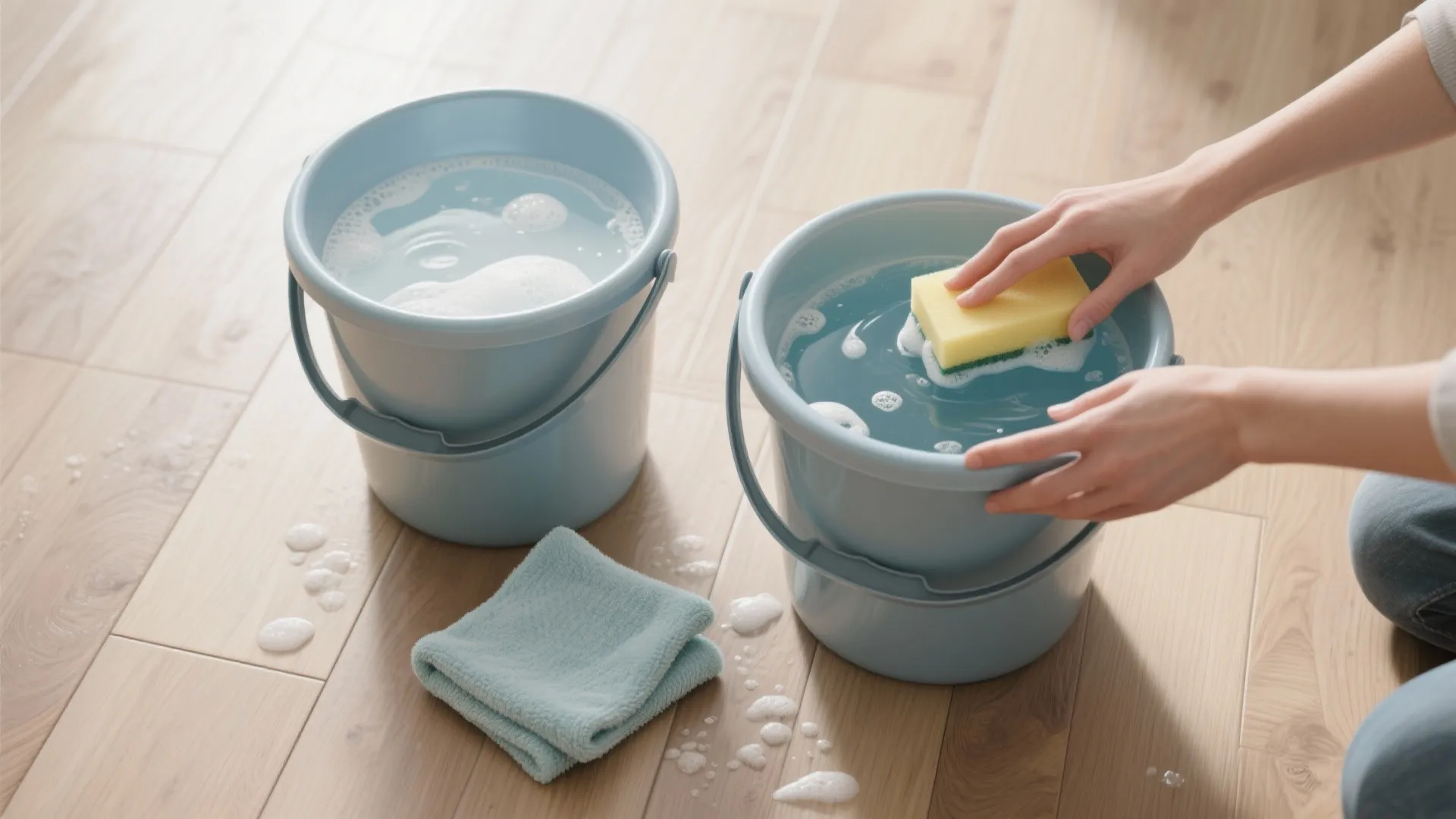 2. Use mild cleaners and the two-bucket trick