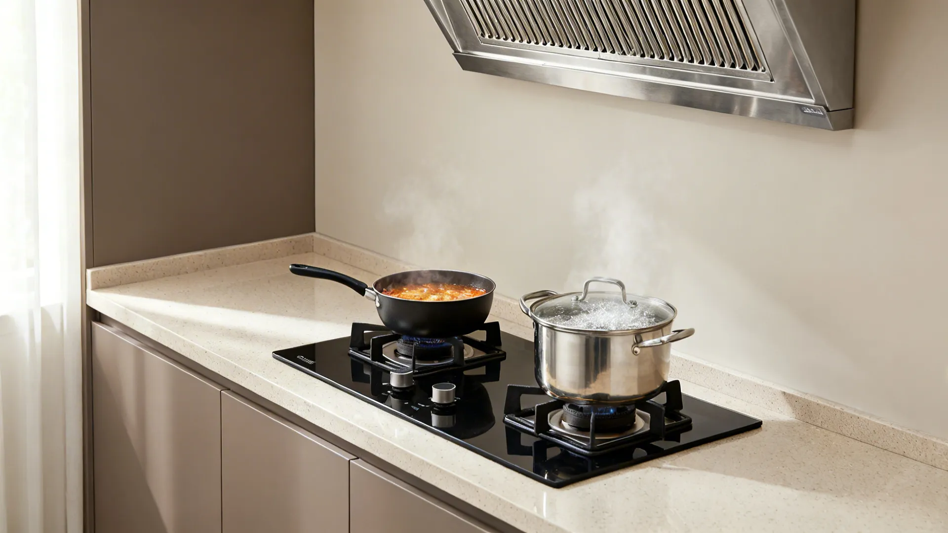 Compact kitchen with a two-burner gas cooktop, spaced grates, and extra prep counter for efficient cooking.