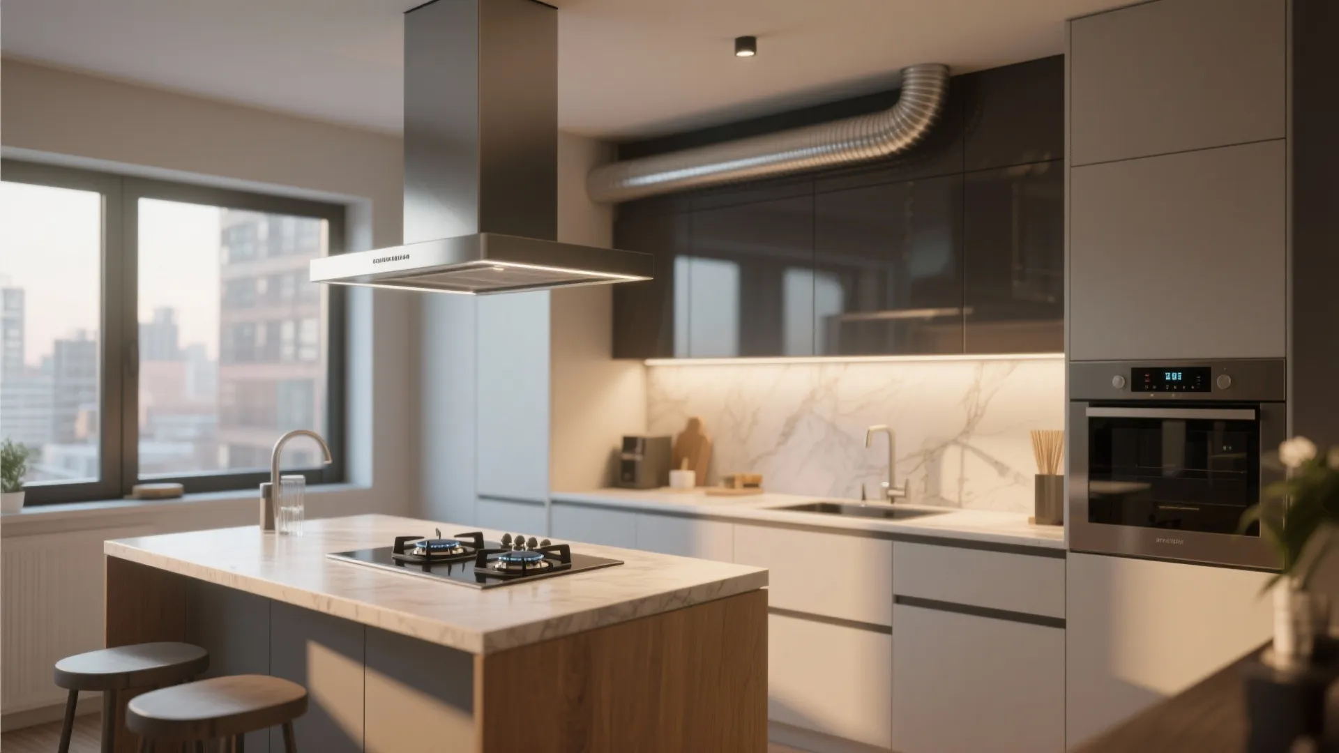 3. Island with integrated two-burner cooktop and under-hood solution