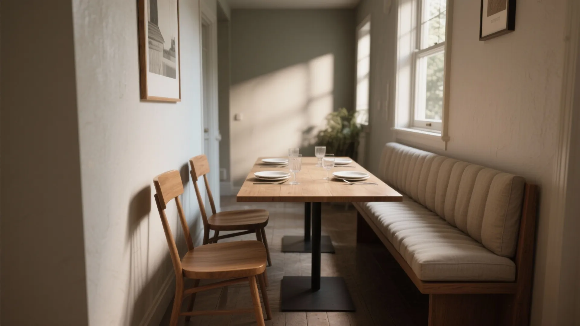 Modern dining room with wooden table two wooden chairs a long padded bench and windows