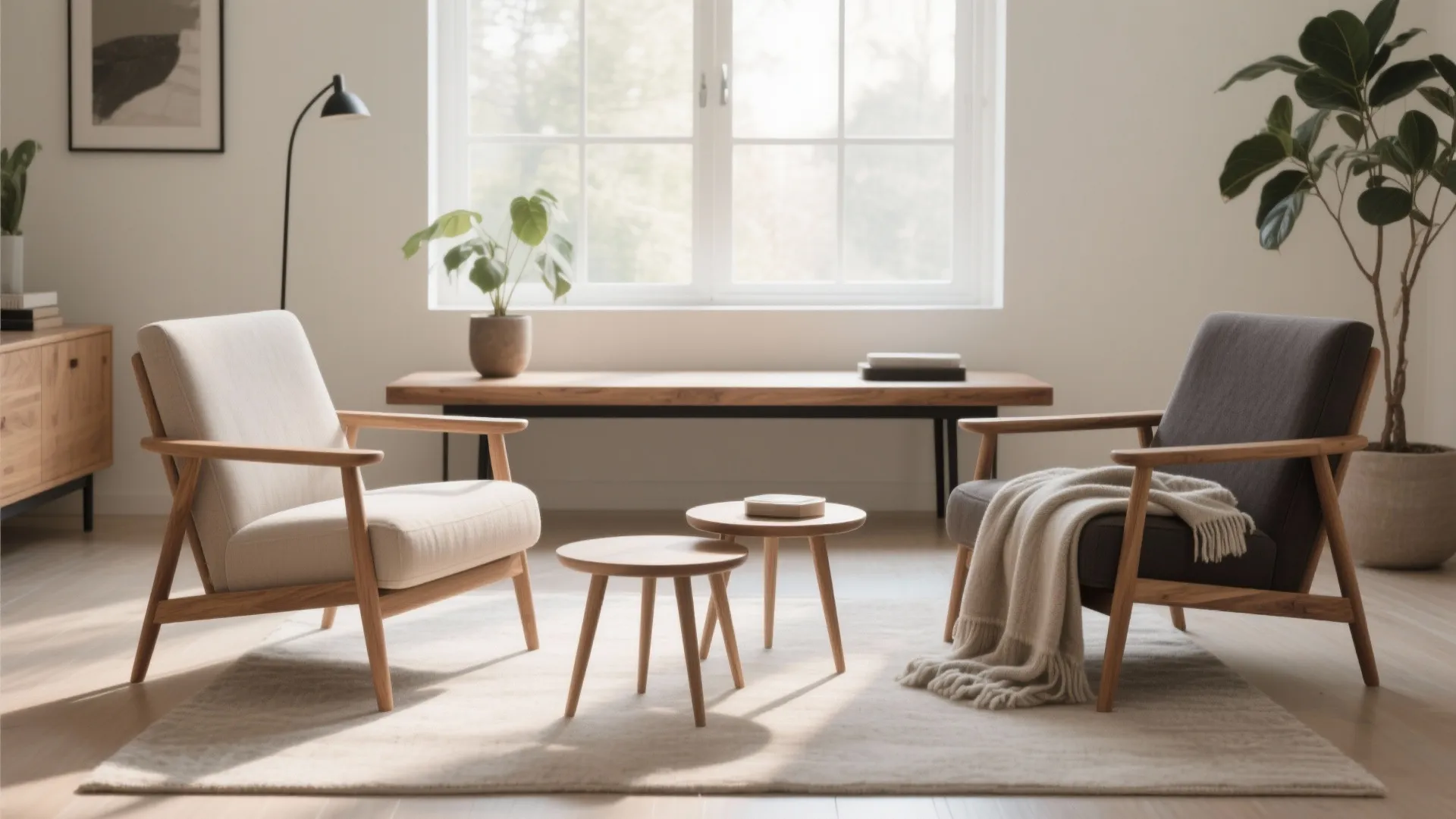 Two lounge chairs + a slim bench (no couch)