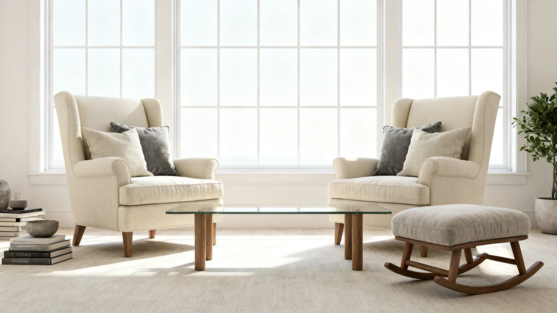 Two armchairs facing with a slim table between them, creating a balanced airy layout.