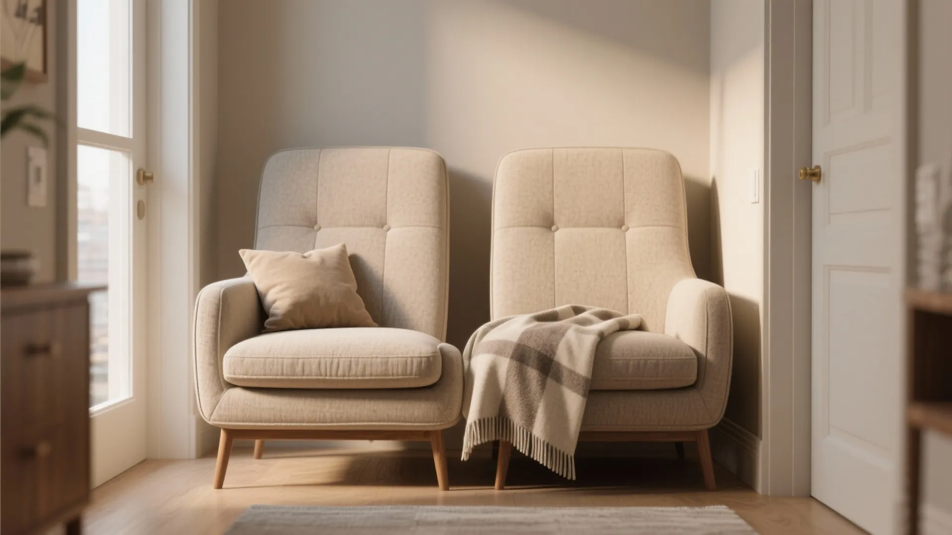 Two beige armchairs with pillows and blanket placed next to a bright window and door