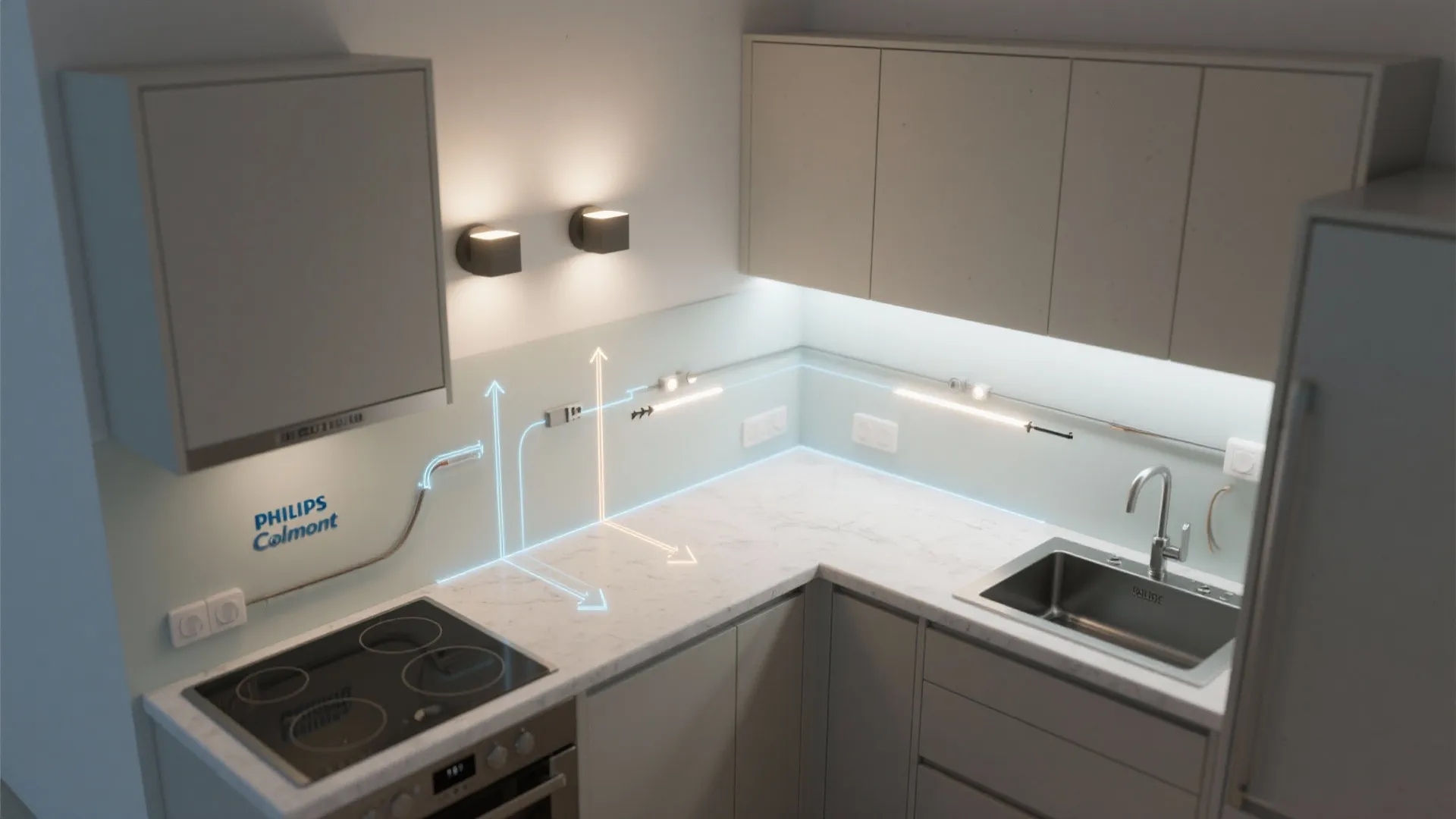 Top-down view showing ambient and task circuits with Philips Comet lights in a small kitchen.
