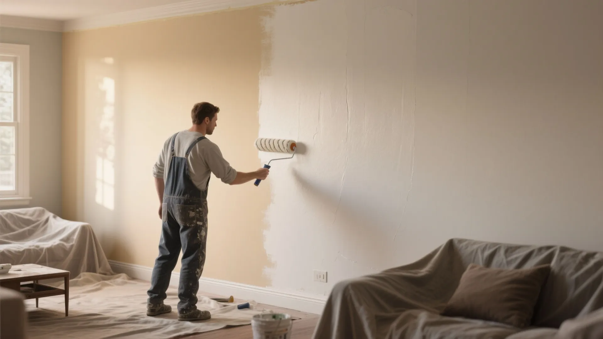 Painter applying a second coat to a living room wall with smooth, even coverage in natural light.