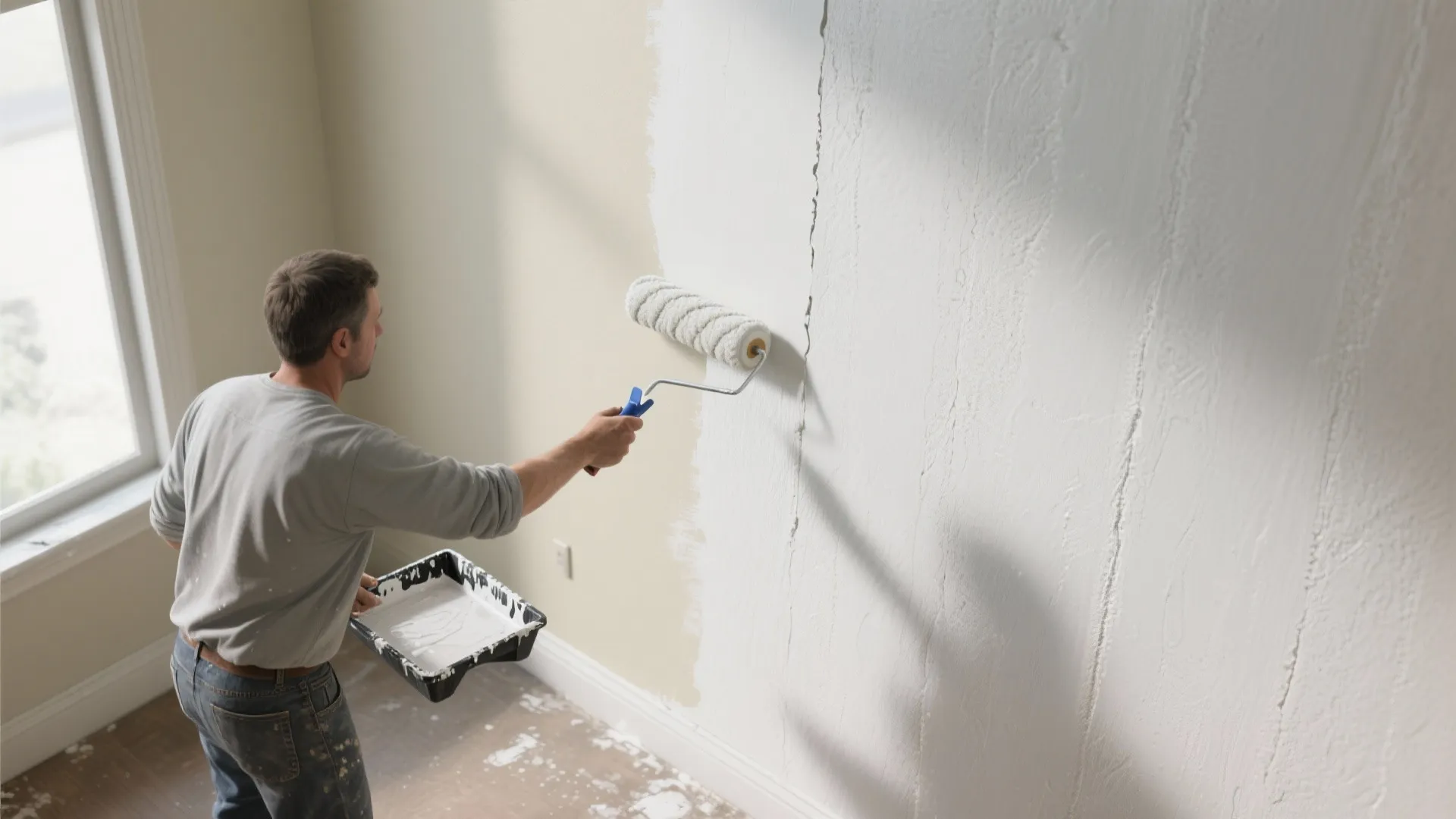 Top-down view showing the visual difference between a single paint coat and two even finish coats on a wall.
