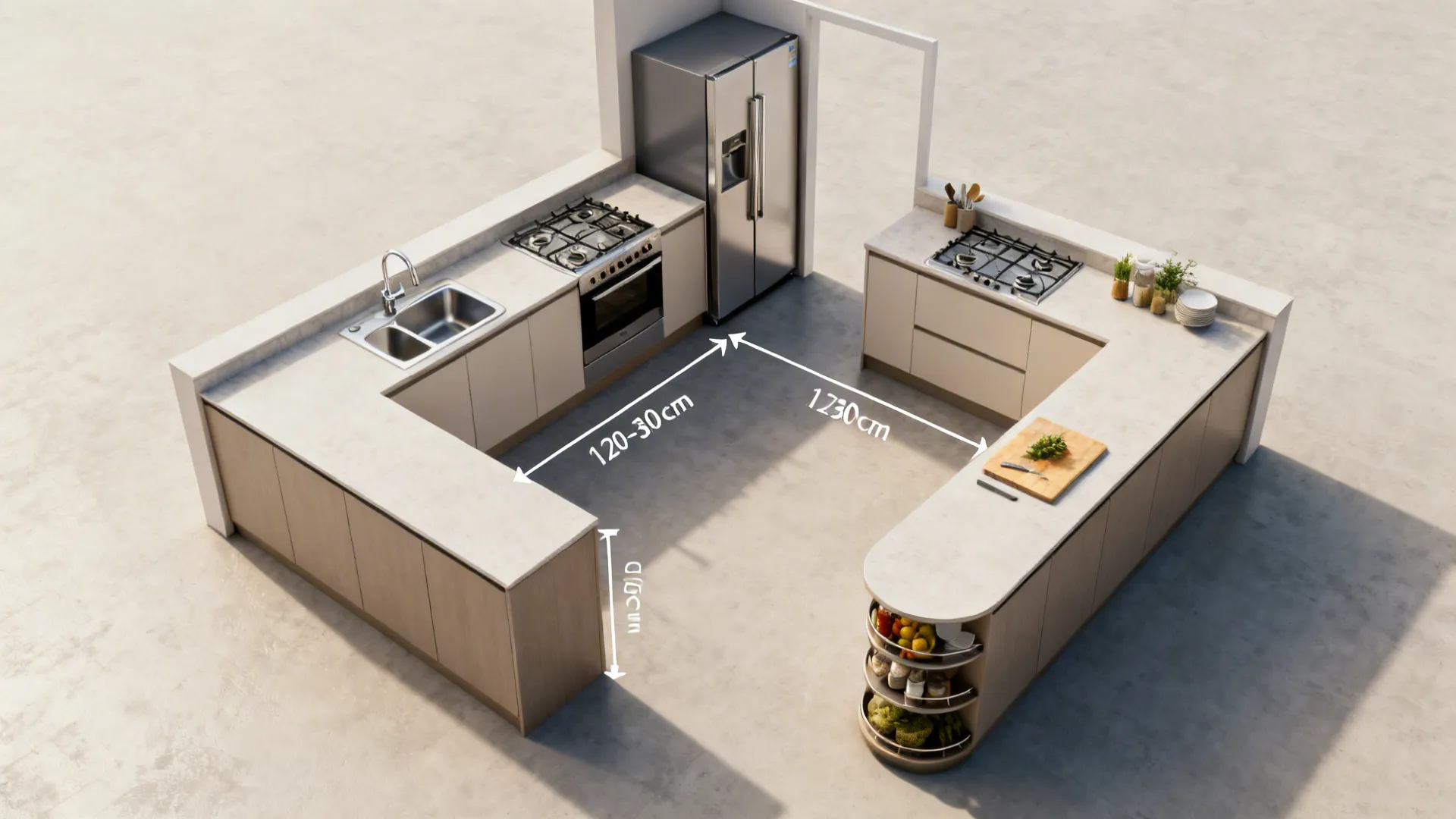 Interior design drawing of a u-shaped kitchen layout with sink stove fridge and measurement labels