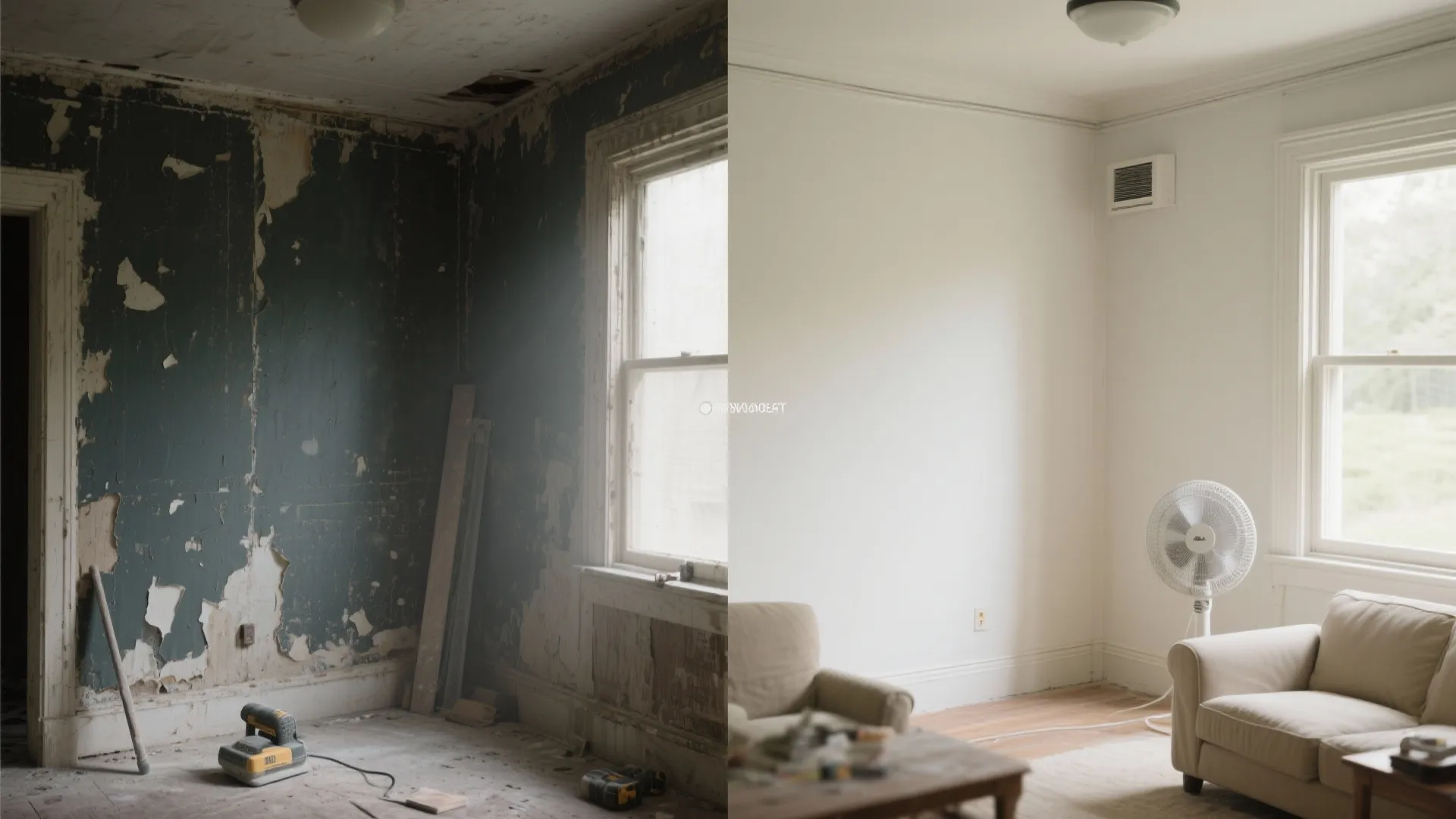 Before and after comparison showing messy dark room transformed into a clean white living room