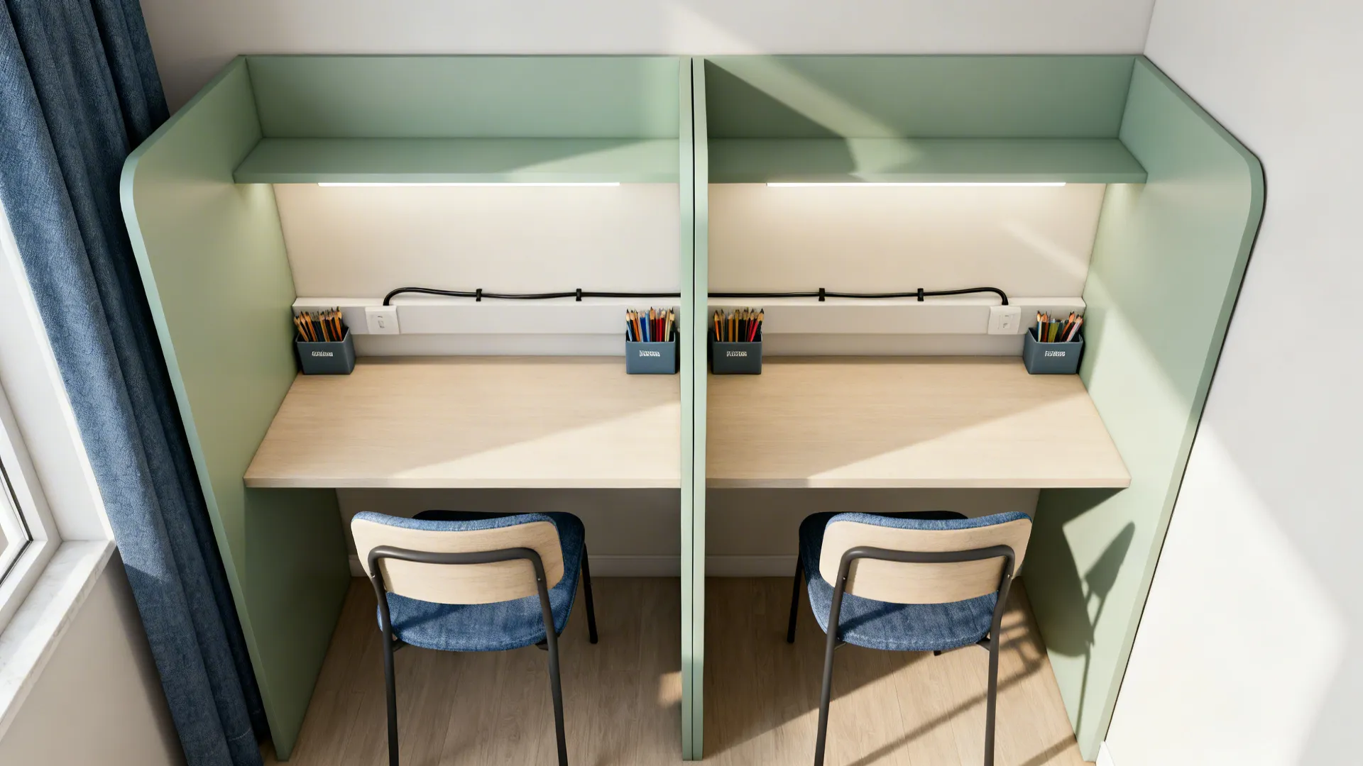 Top-down view of two identical desks with cable channel and shared shelf.