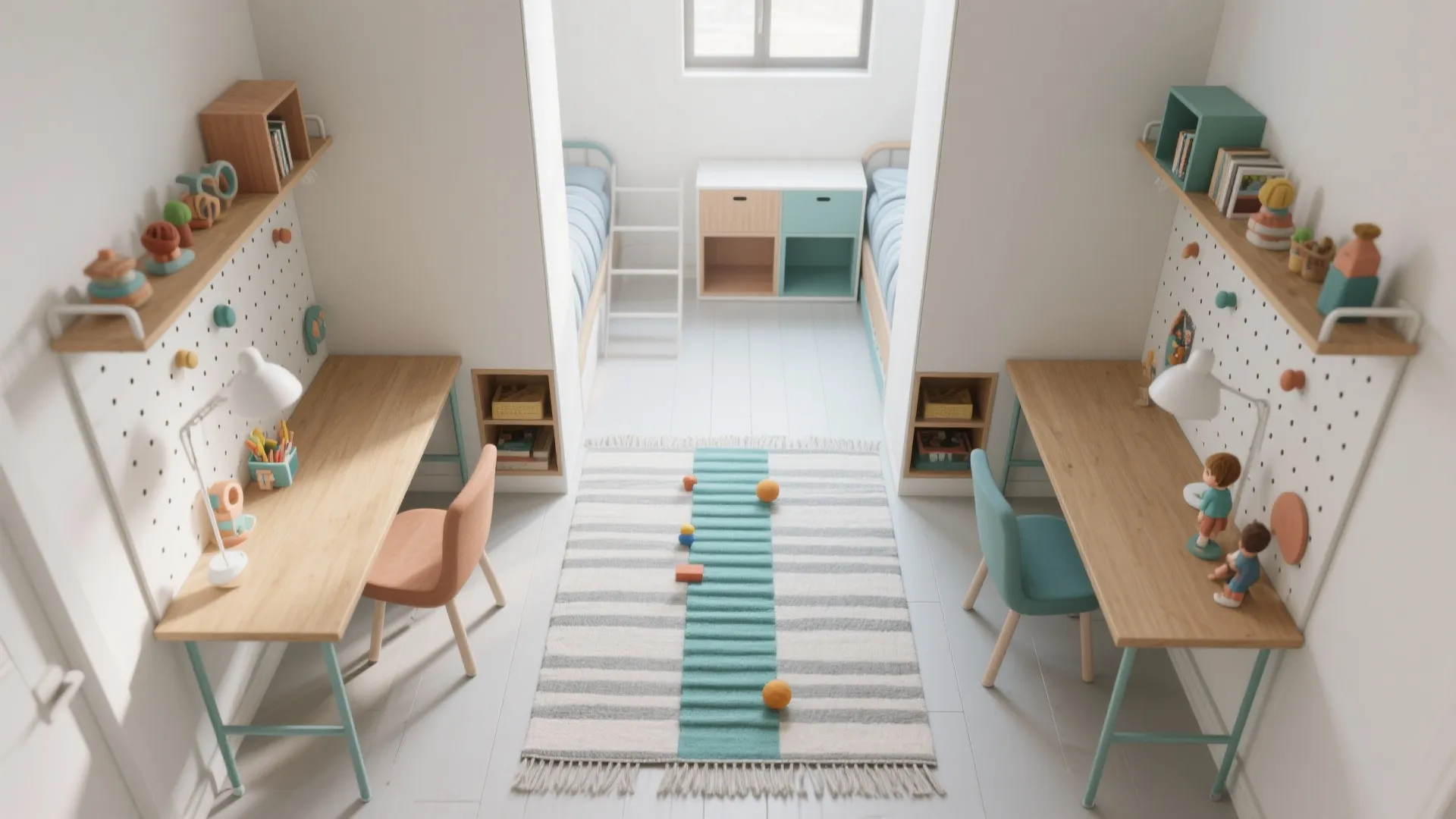 Top view of two wooden study desks with pegboards and colorful chairs in shared room