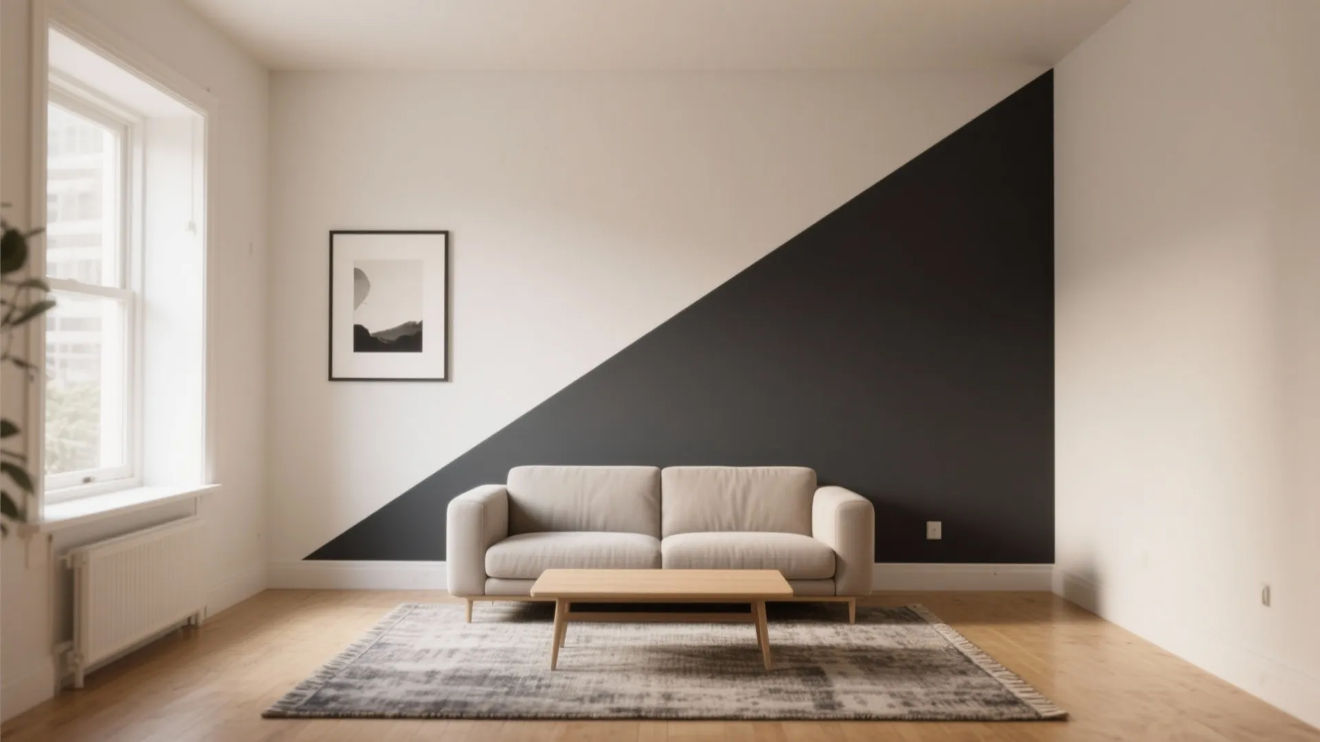 Modern living room with beige sofa and large diagonal black and white painted wall design