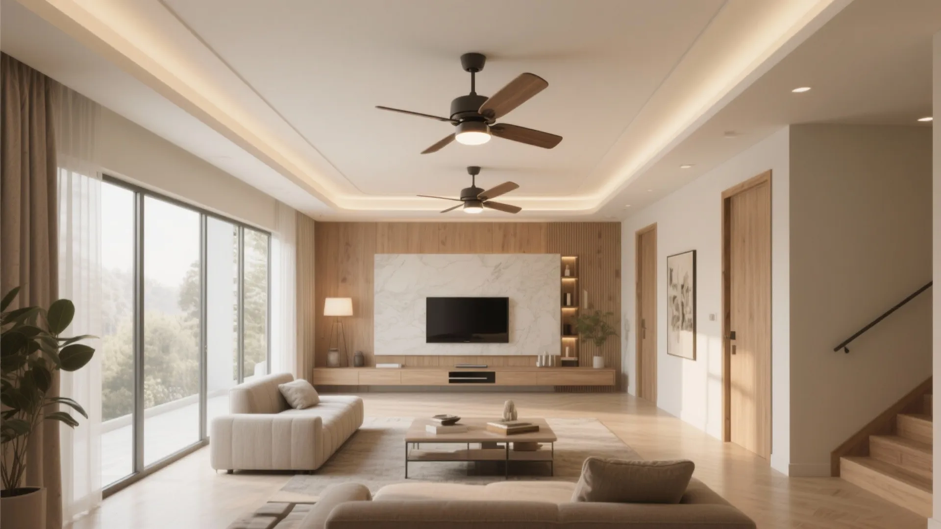 Bright living room with television wood wall panel light colored sofa and double ceiling fans