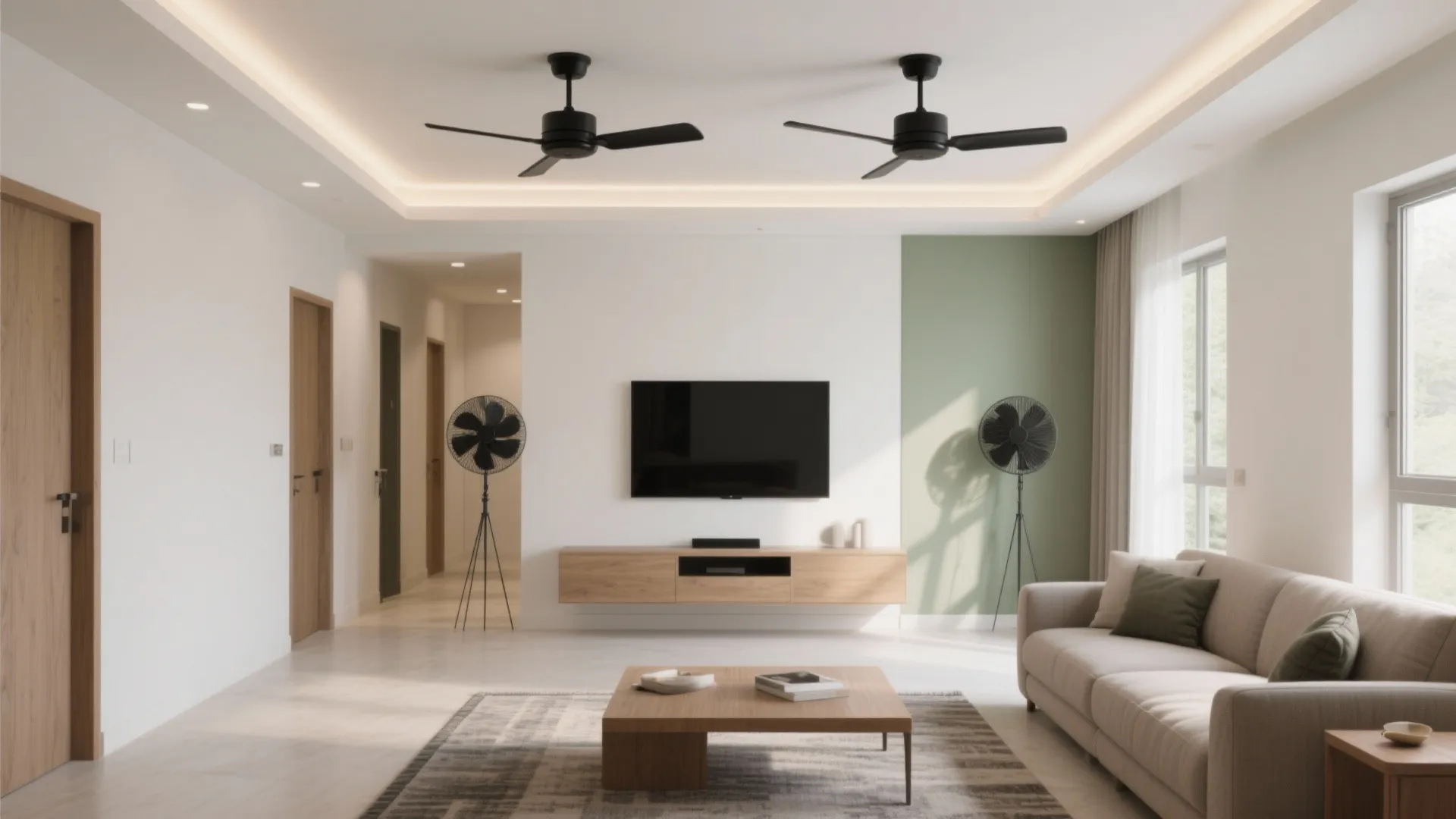 Modern white living room with two ceiling fans a wall mounted television and beige sofa