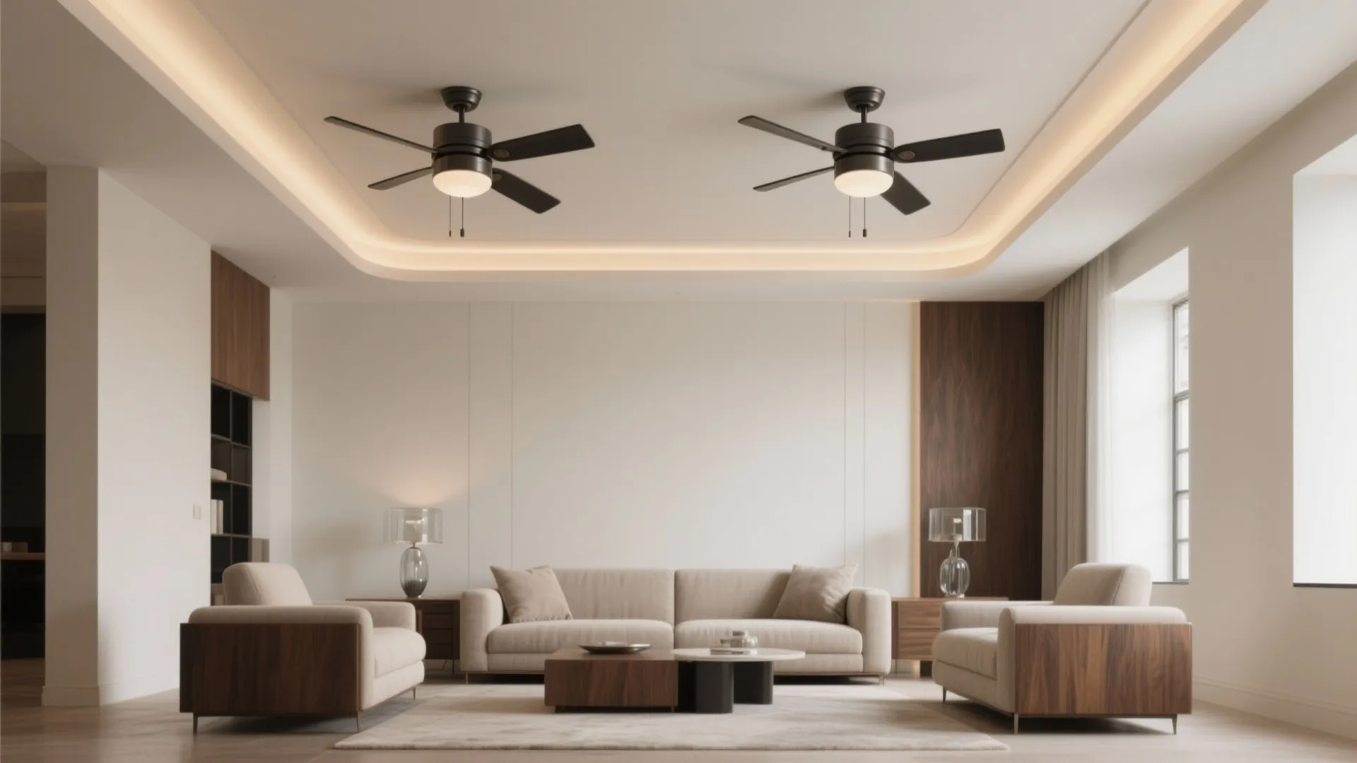 Modern living room featuring beige sofa two ceiling fans with lights and dark wooden wall panels