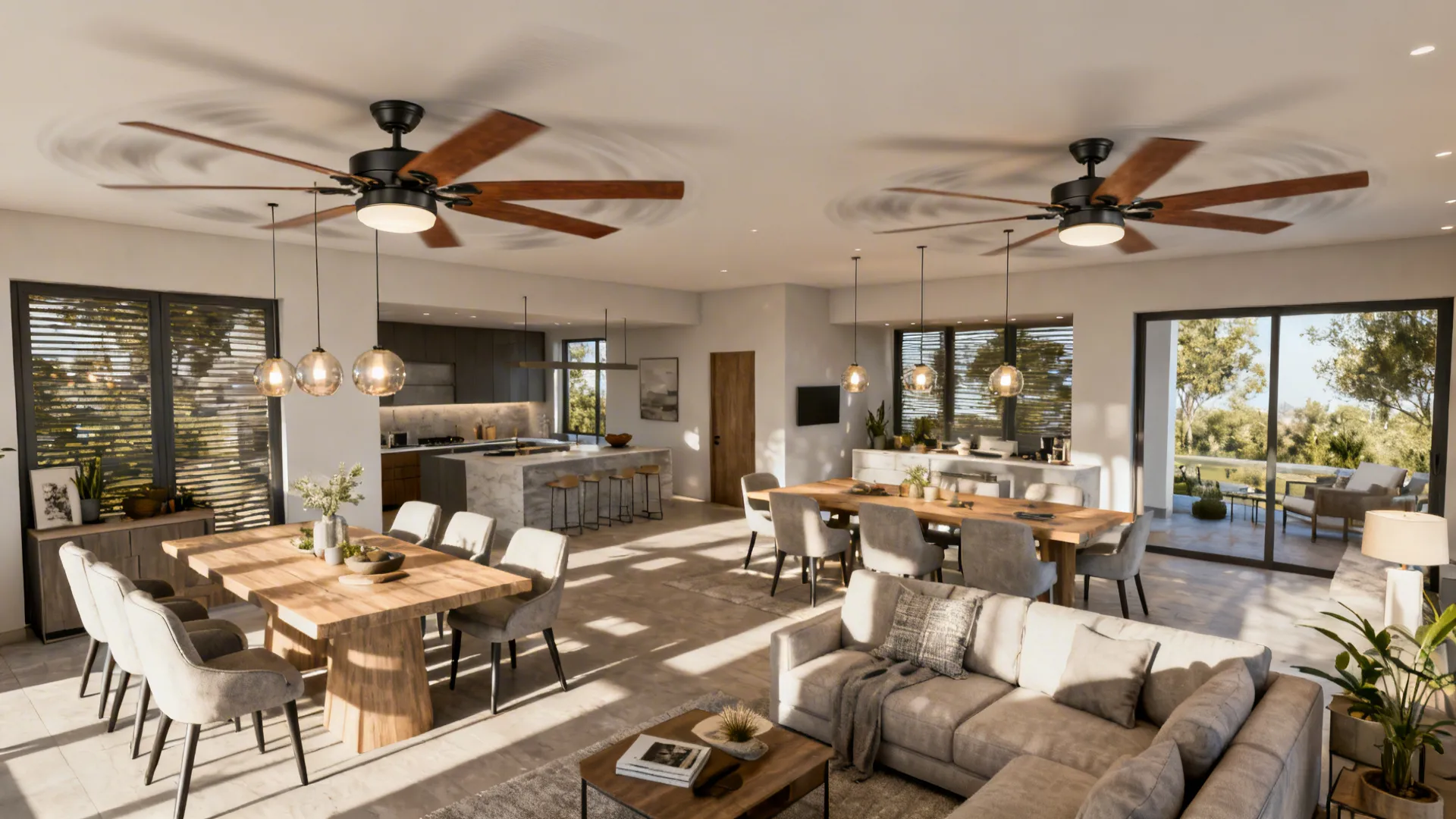 Open-plan living and dining area with two ceiling fans aligned to provide balanced airflow
