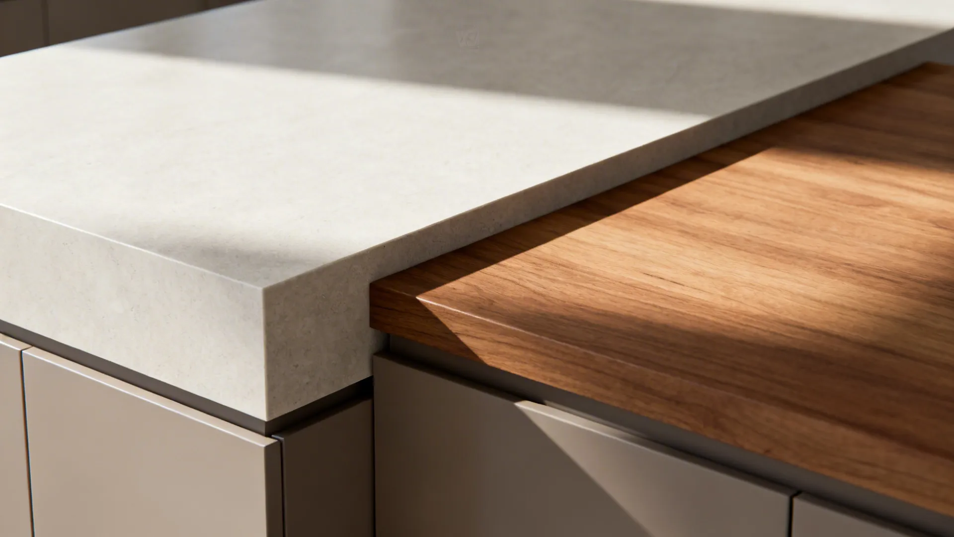 Macro detail of a two-height island showing quartz prep surface stepping to a wood dining top.