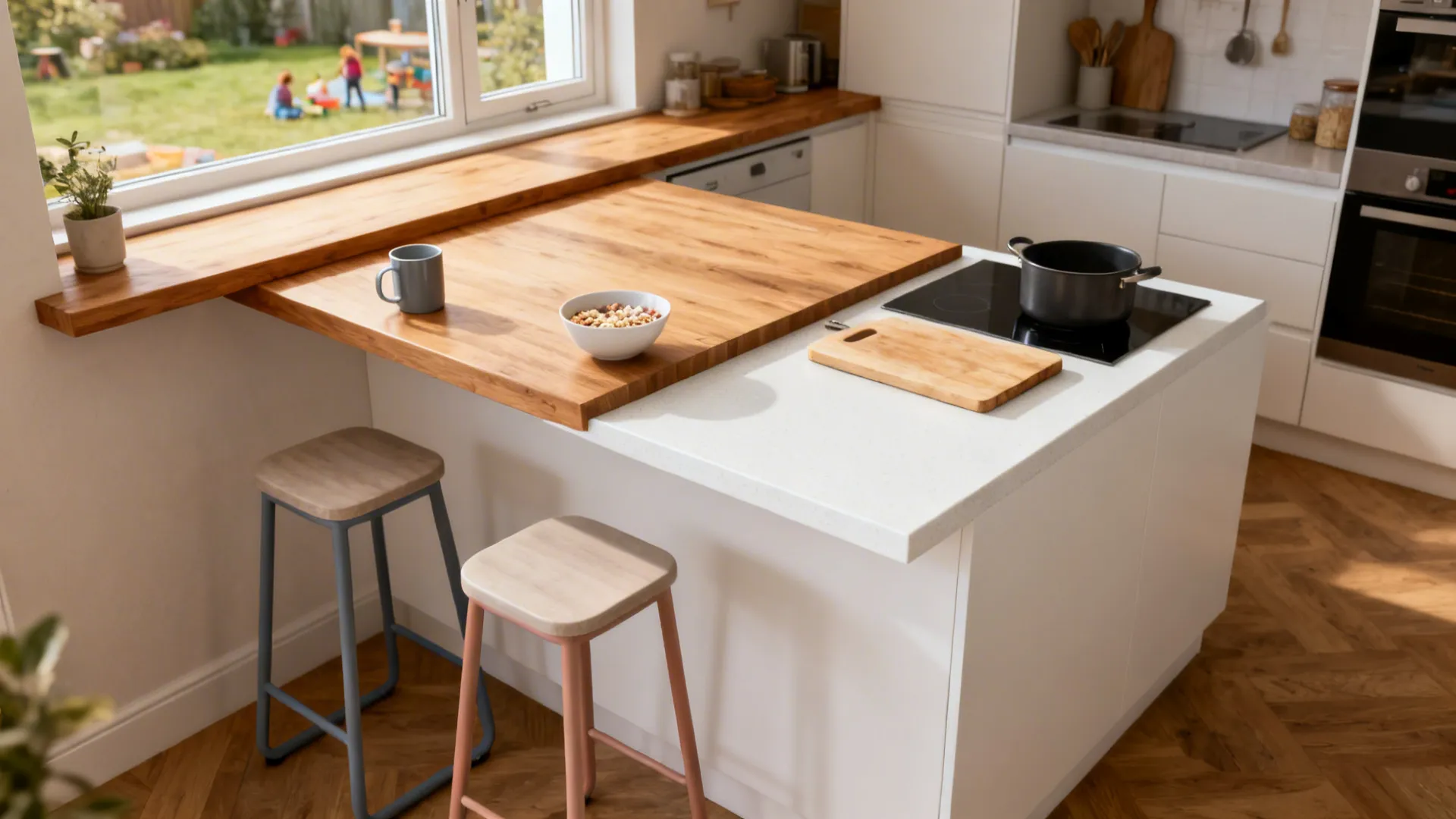 Small kitchen island with a lower quartz prep zone and raised oak breakfast ledge facing the window.