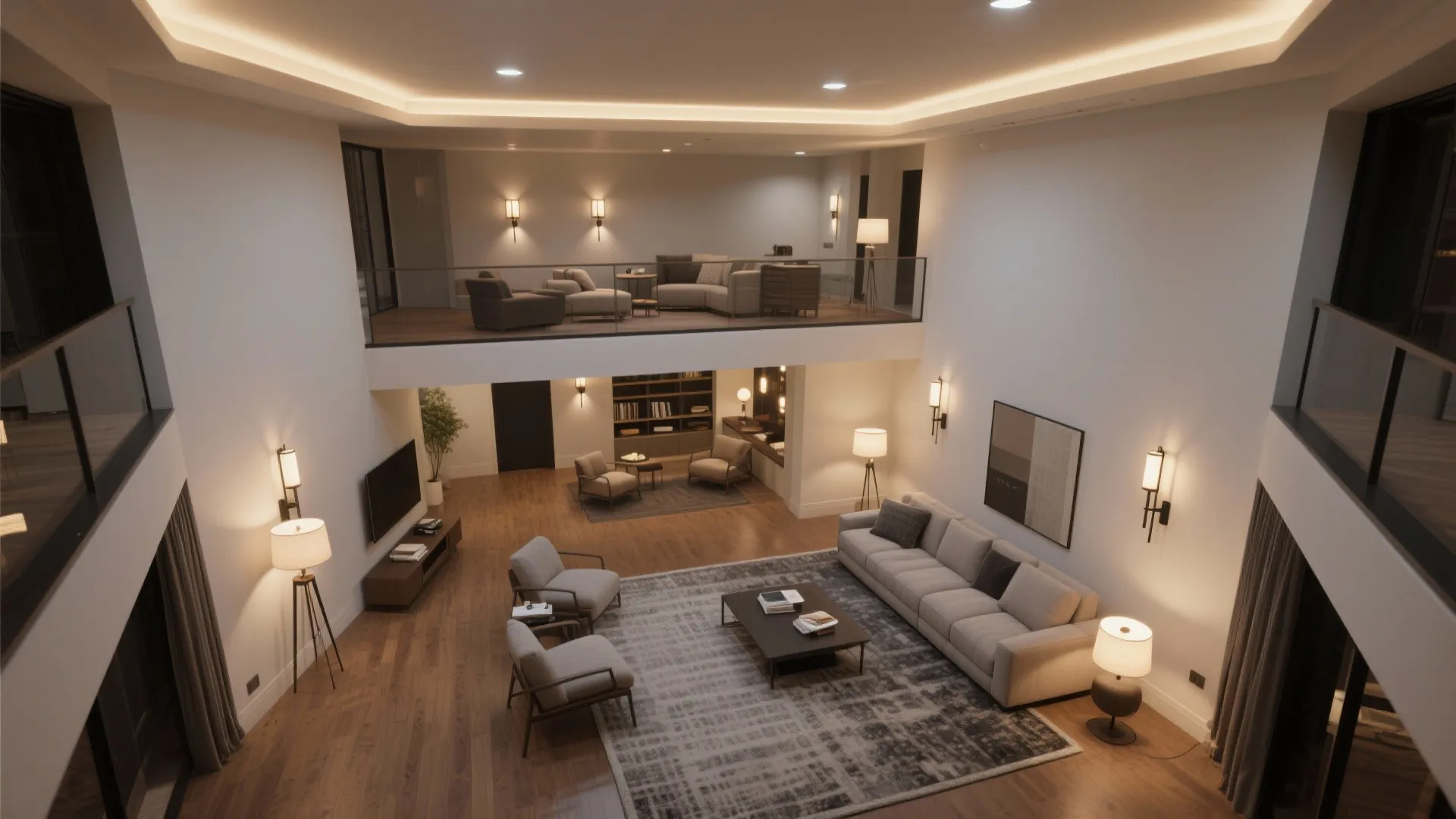 Spacious double height living room with mezzanine level sofa wooden floor and warm indoor lights