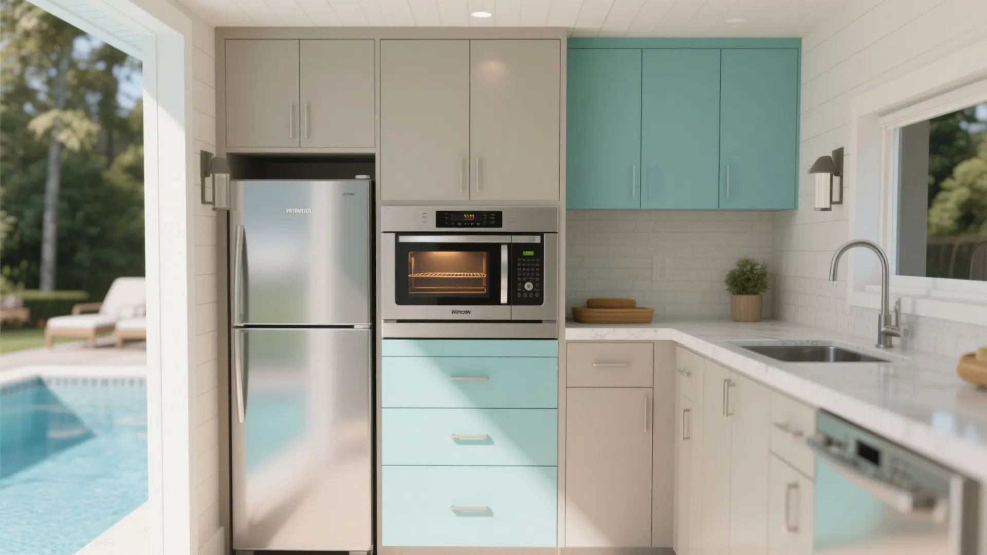 Modern kitchen with grey and blue cabinets stainless steel fridge microwave oven and pool view