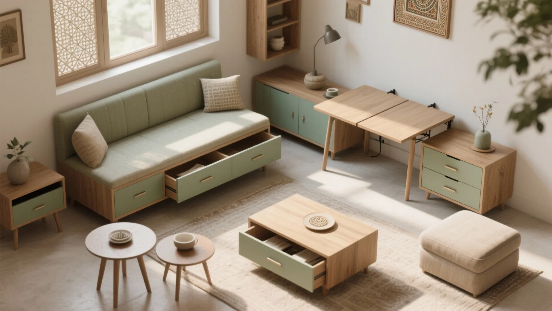 Living room interior with green sofa, wood coffee table, folding desk, rug, and beige fabric footrest