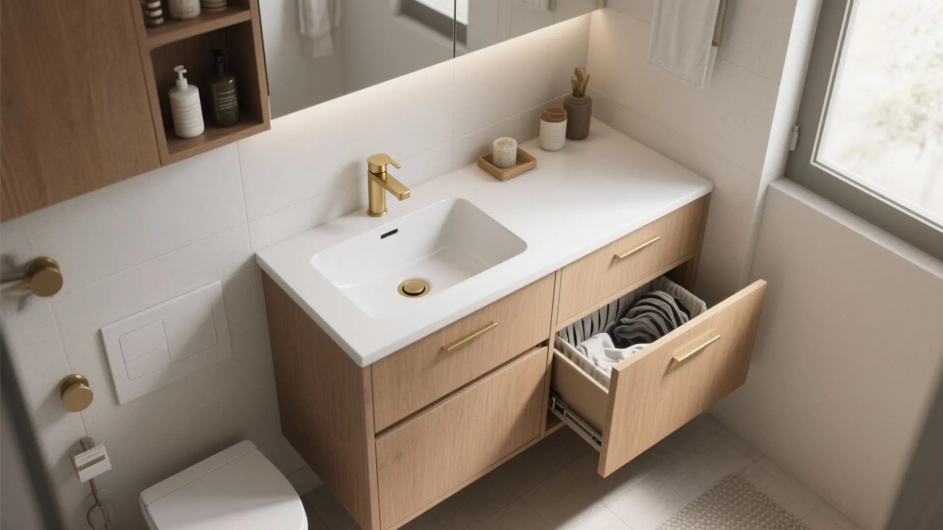Small bathroom wood cabinet with white sink gold faucet and open drawer containing laundry basket